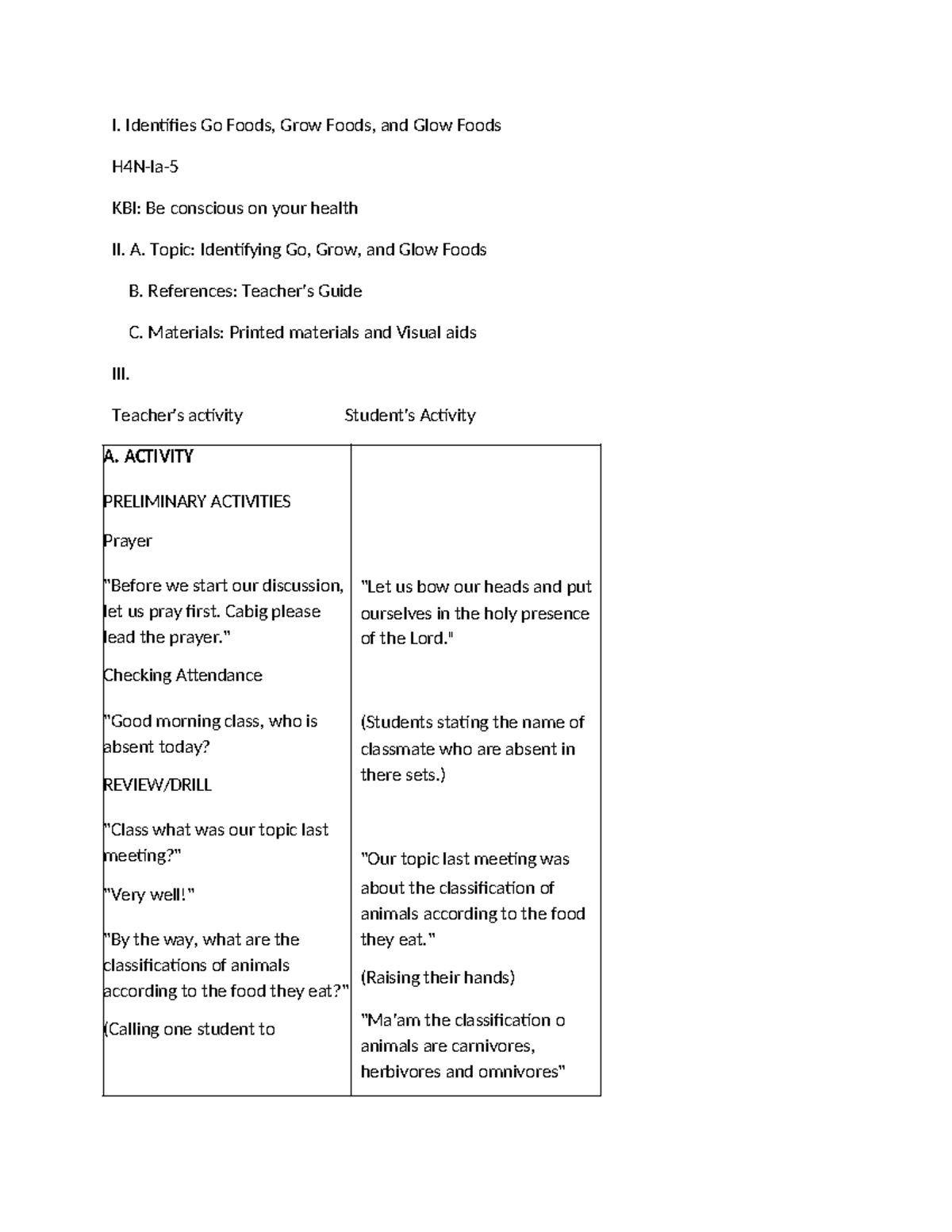 Identifying Go, Grow, and Glow Foods Health Lesson Plan (HEALTH 4