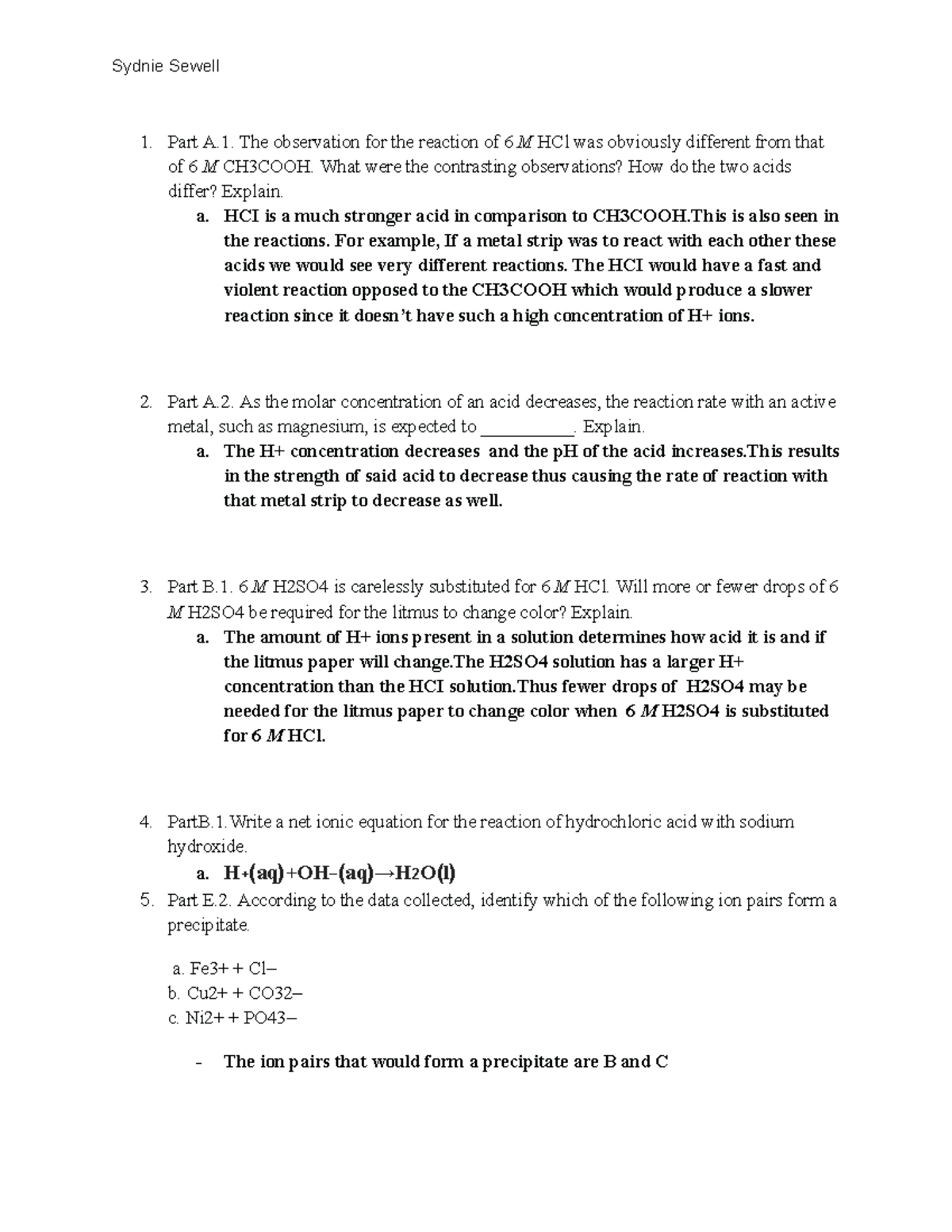 Post Lab Questions for Experiment 6: Acid Reactions Analysis - Studocu