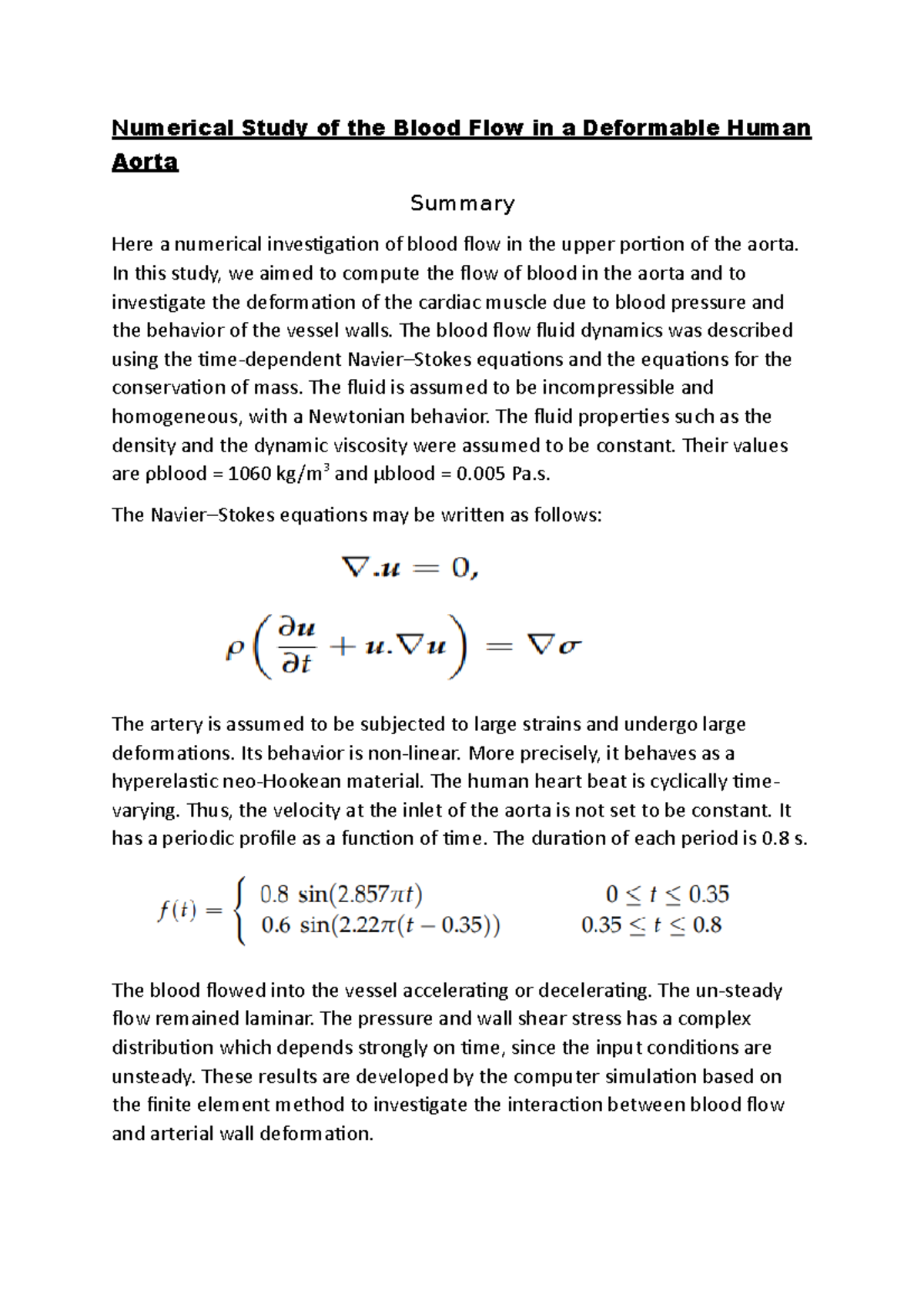 Summery of numerical analysis of blood flow - Numerical Study of the ...