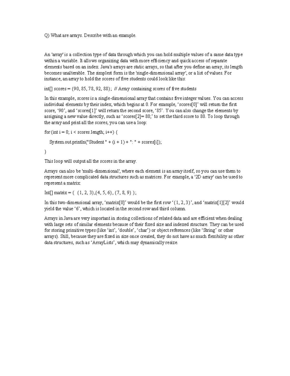Assign 2 - basic concepts - Q) What are arrays. Describe with an ...
