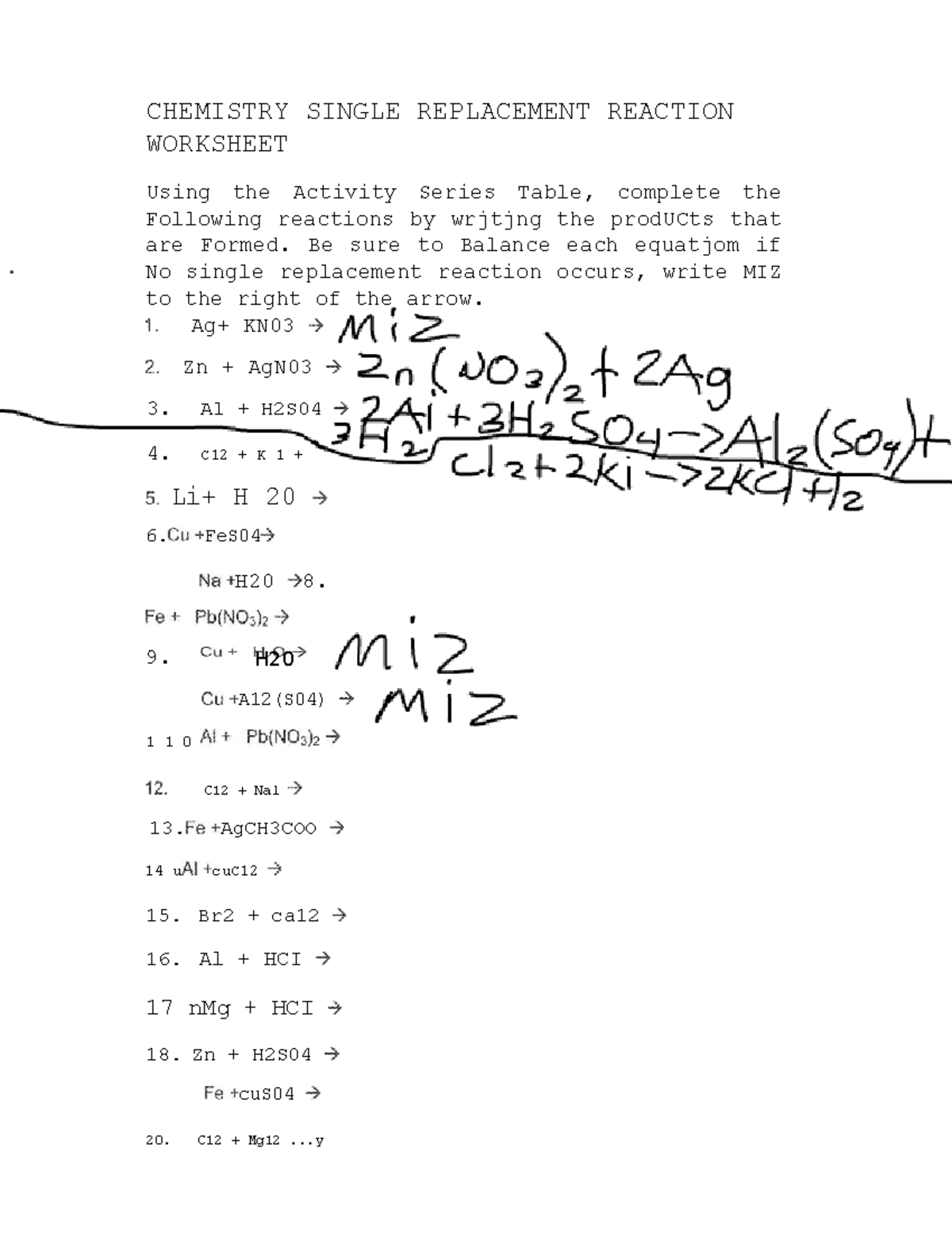 CHEM 101 Single Replacement Reaction Worksheet & Balancing Guide - Studocu