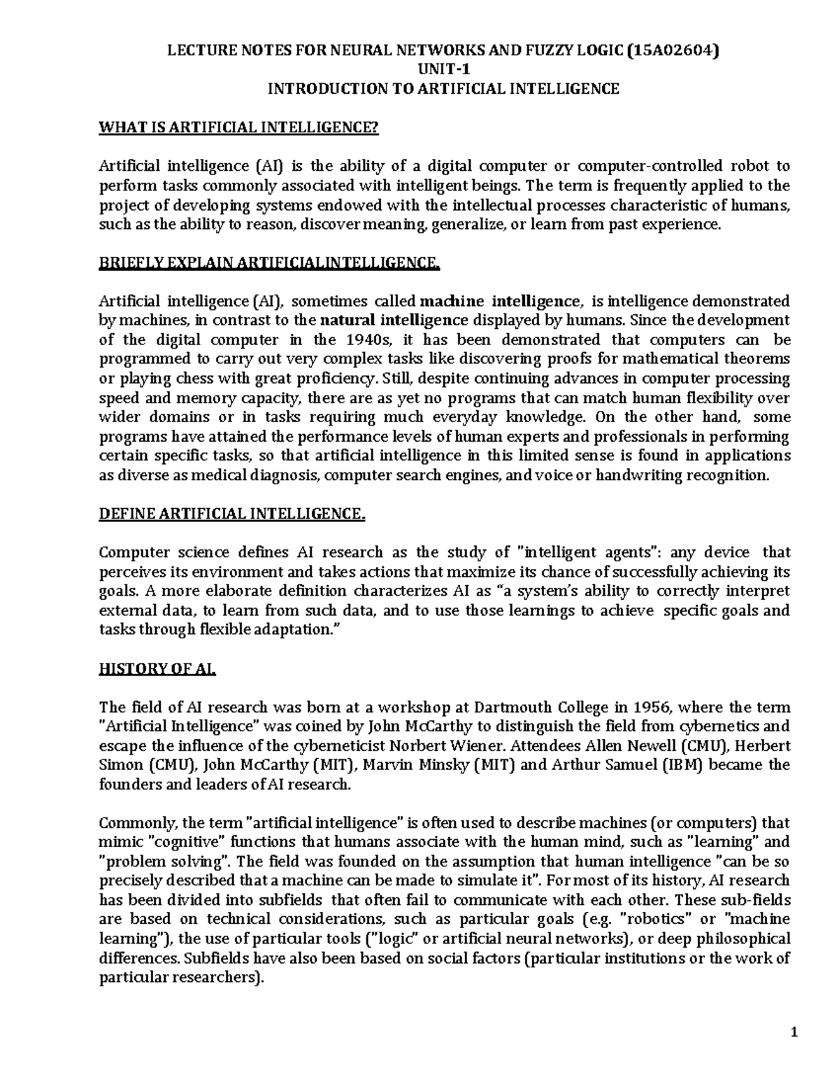 LECTURE NOTES ON NEURAL NETWORKS AND FUZZY LOGIC (15A02604) - Studocu