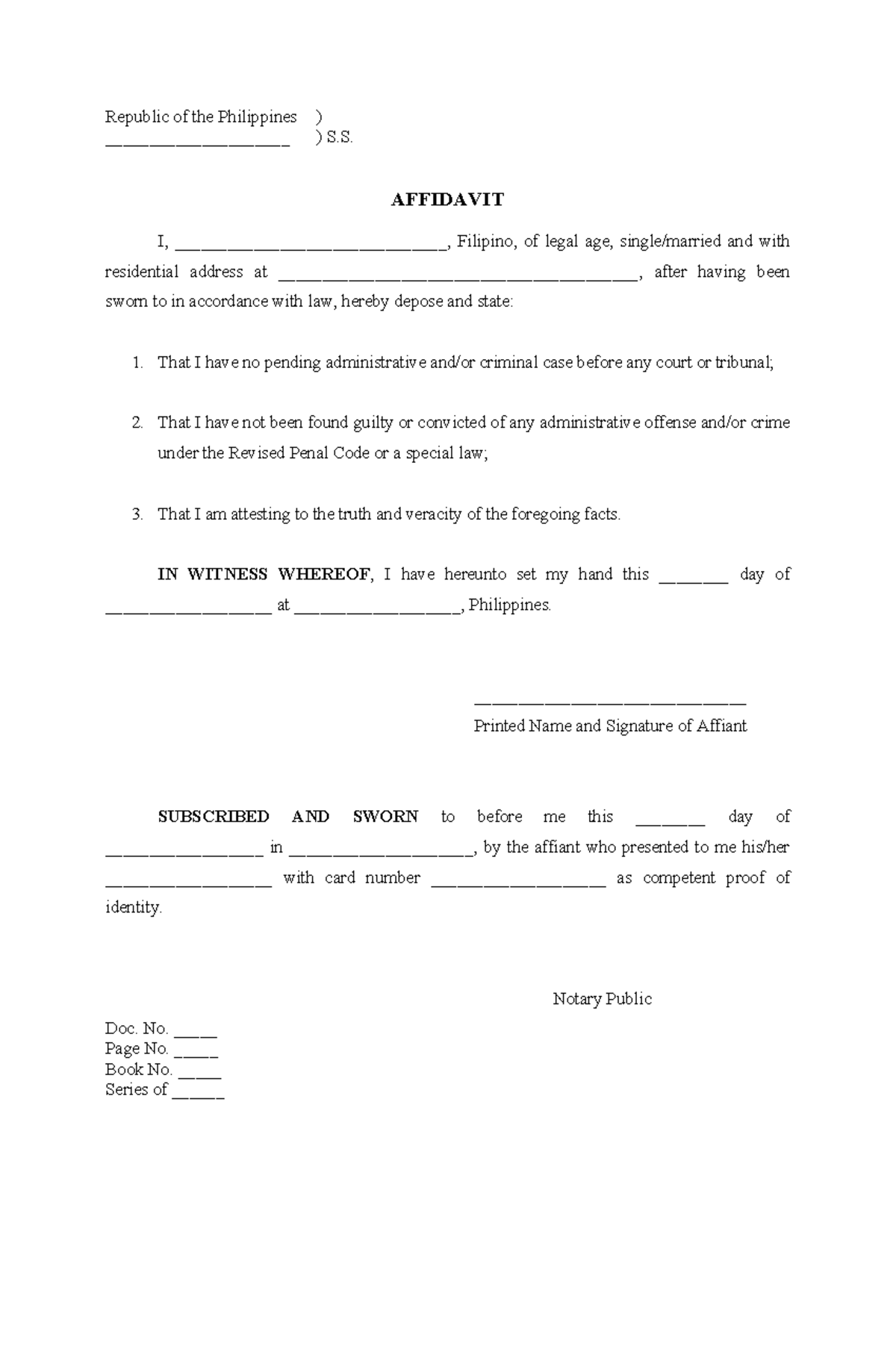 Form 2: Affidavit of No Pending Case in the Philippines - Studocu