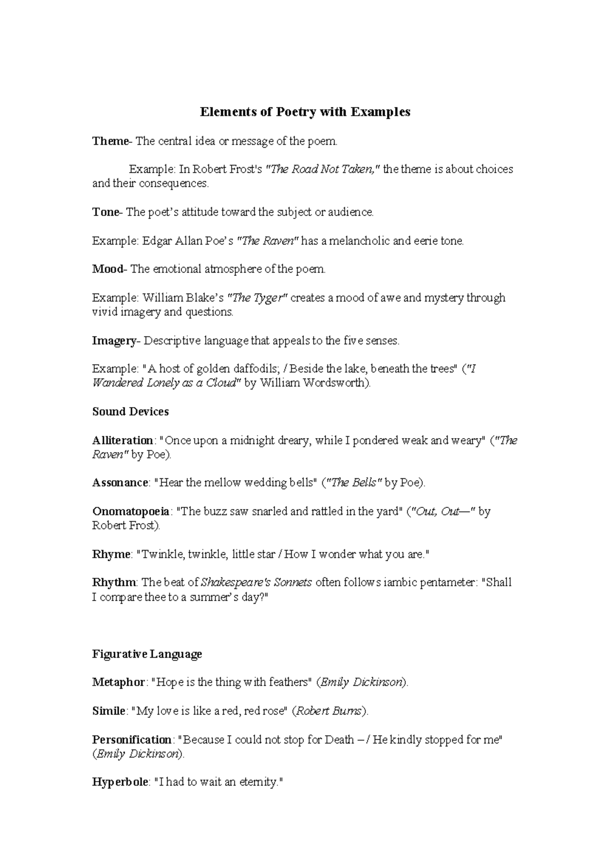 Elements of Poetry: Key Concepts & Examples for Analysis - Studocu