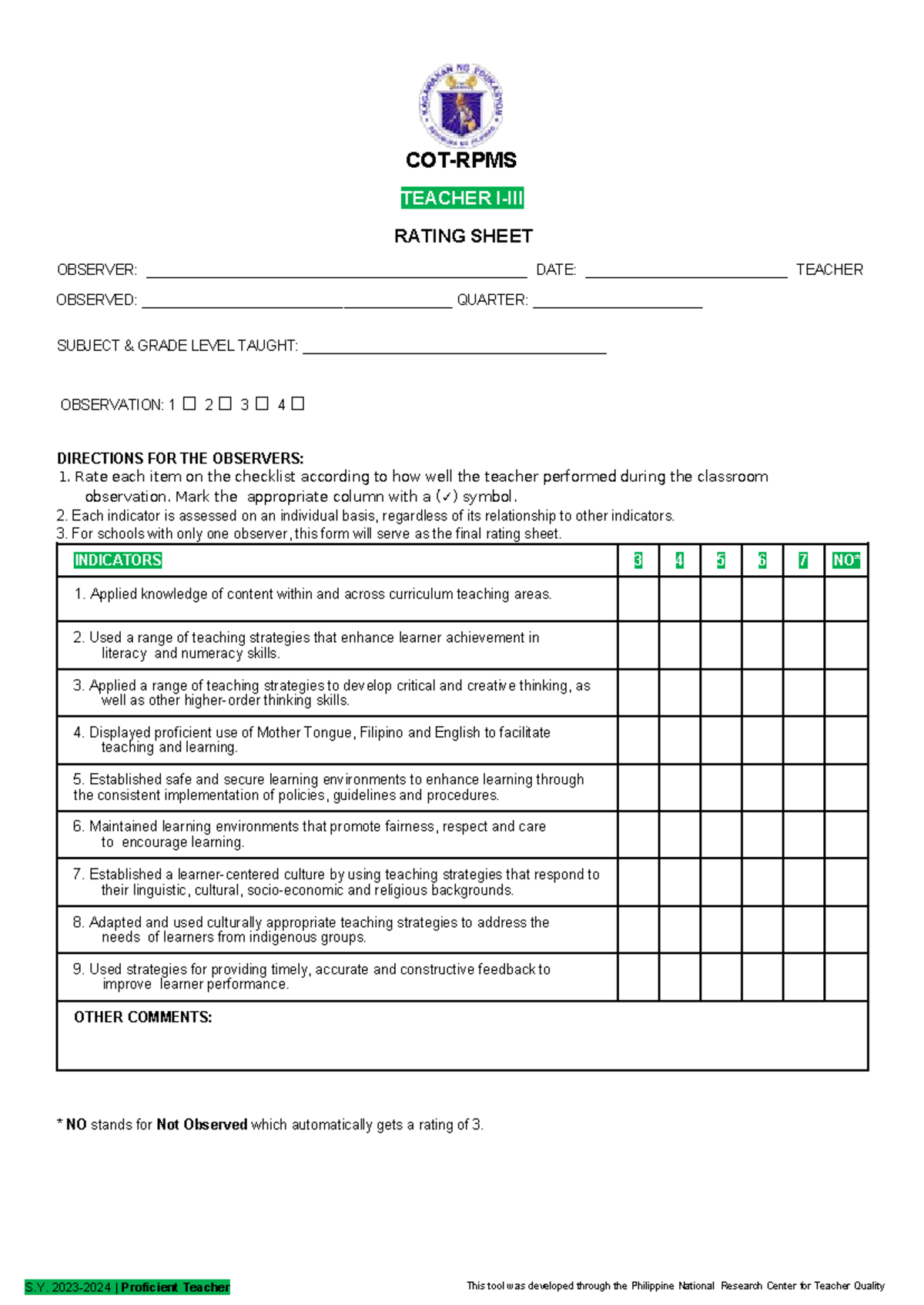 COT-RPMS Rating Sheet for Teachers I-III SY 2023-2024 - Studocu