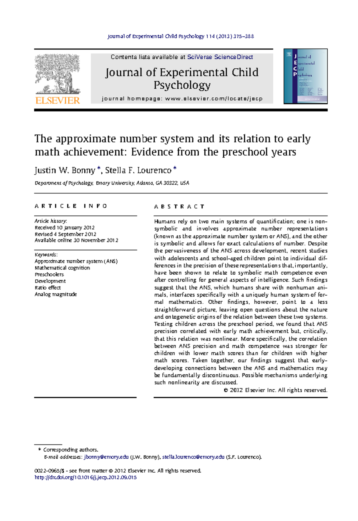 Early Math Achievement and ANS Precision in Preschoolers: Insights ...