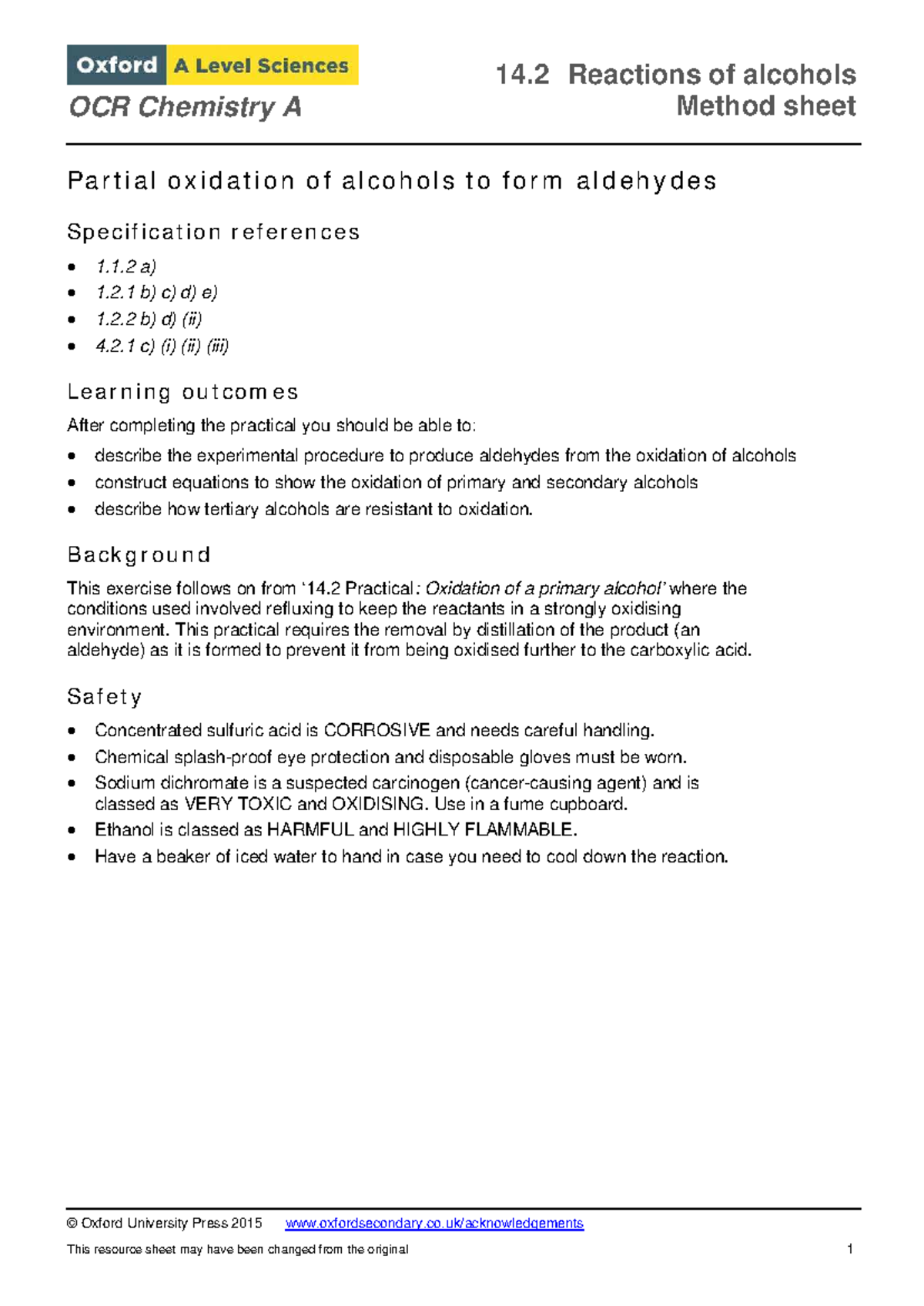 OCR Chemistry A 14.2 Practical Method: Oxidation of Alcohols to ...