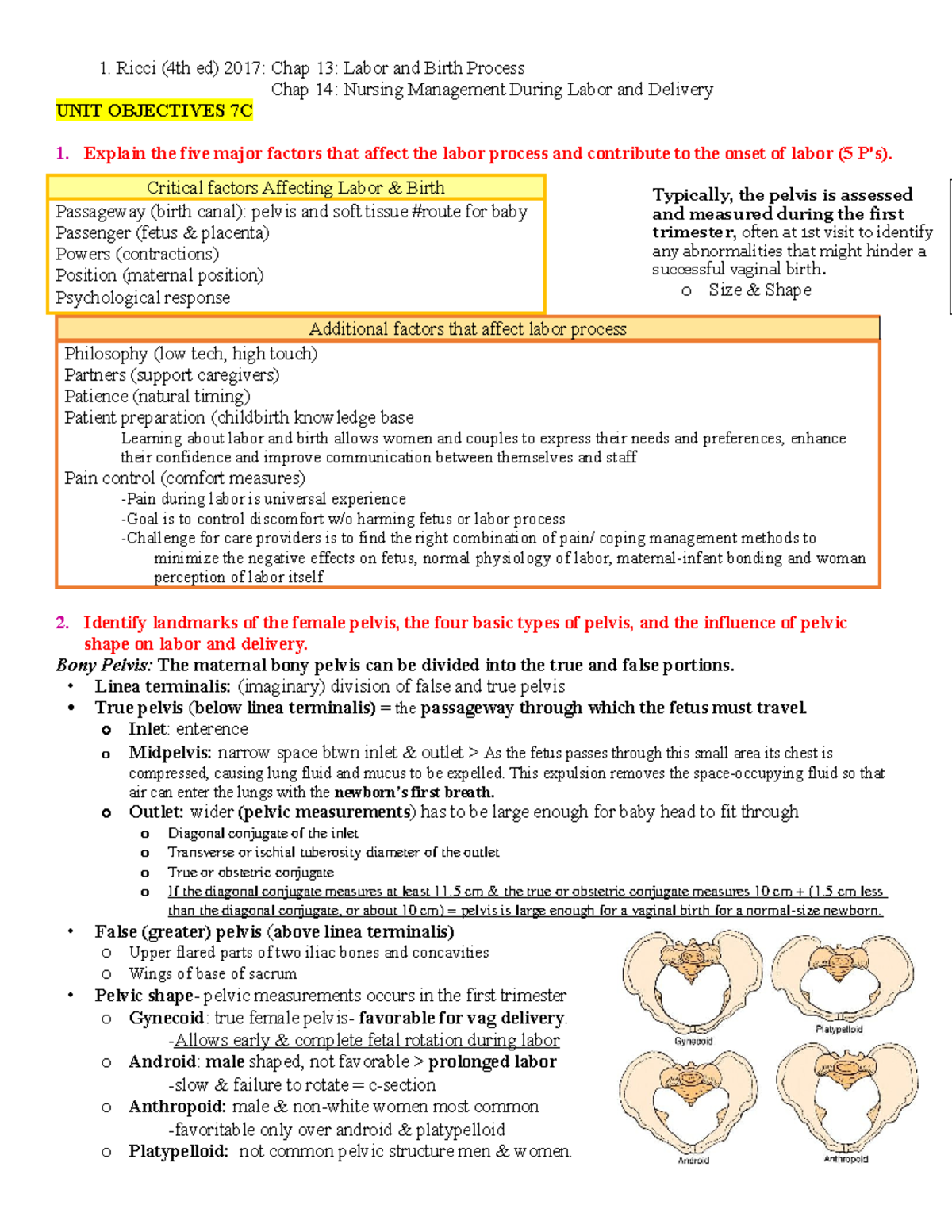 OB Obj 7C: Revised Notes on Labor & Birth Process (Ch 13-14) - Studocu