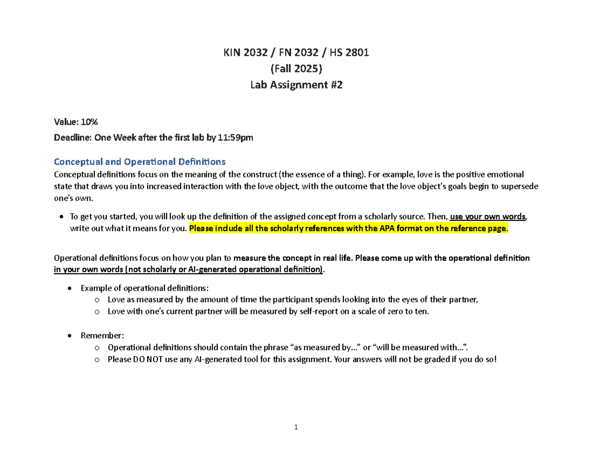 KIN 2032 Lab Assignment #2: Conceptual and Operational Definitions ...