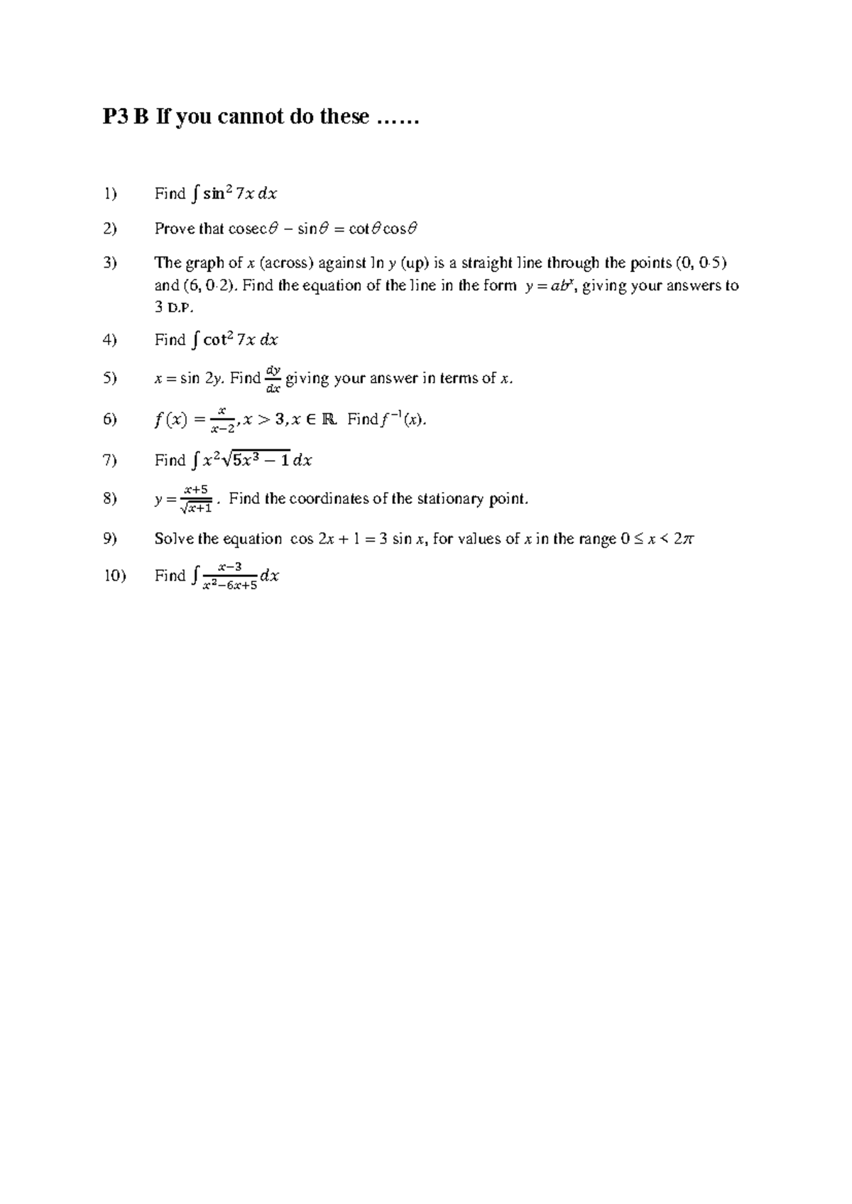 P3 B Calculus Practice Problems and Solutions - Studocu