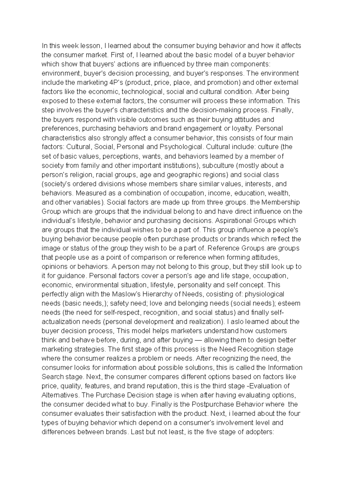 Consumer Buying Behavior: Insights from Chapter 5 Reflection - Studocu