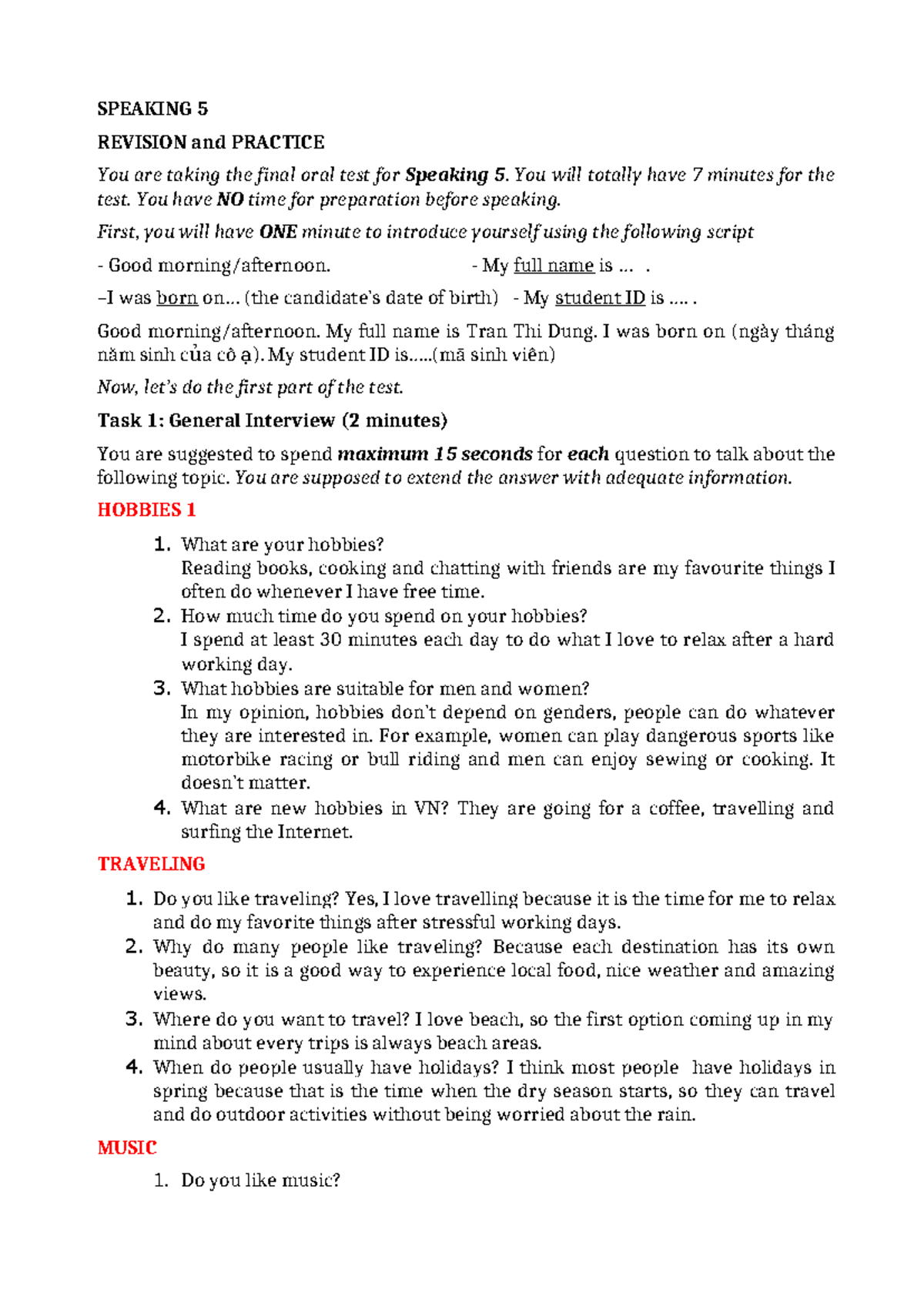 SPEAKING 5 FINAL ORAL TEST PREPARATION GUIDE - Studocu