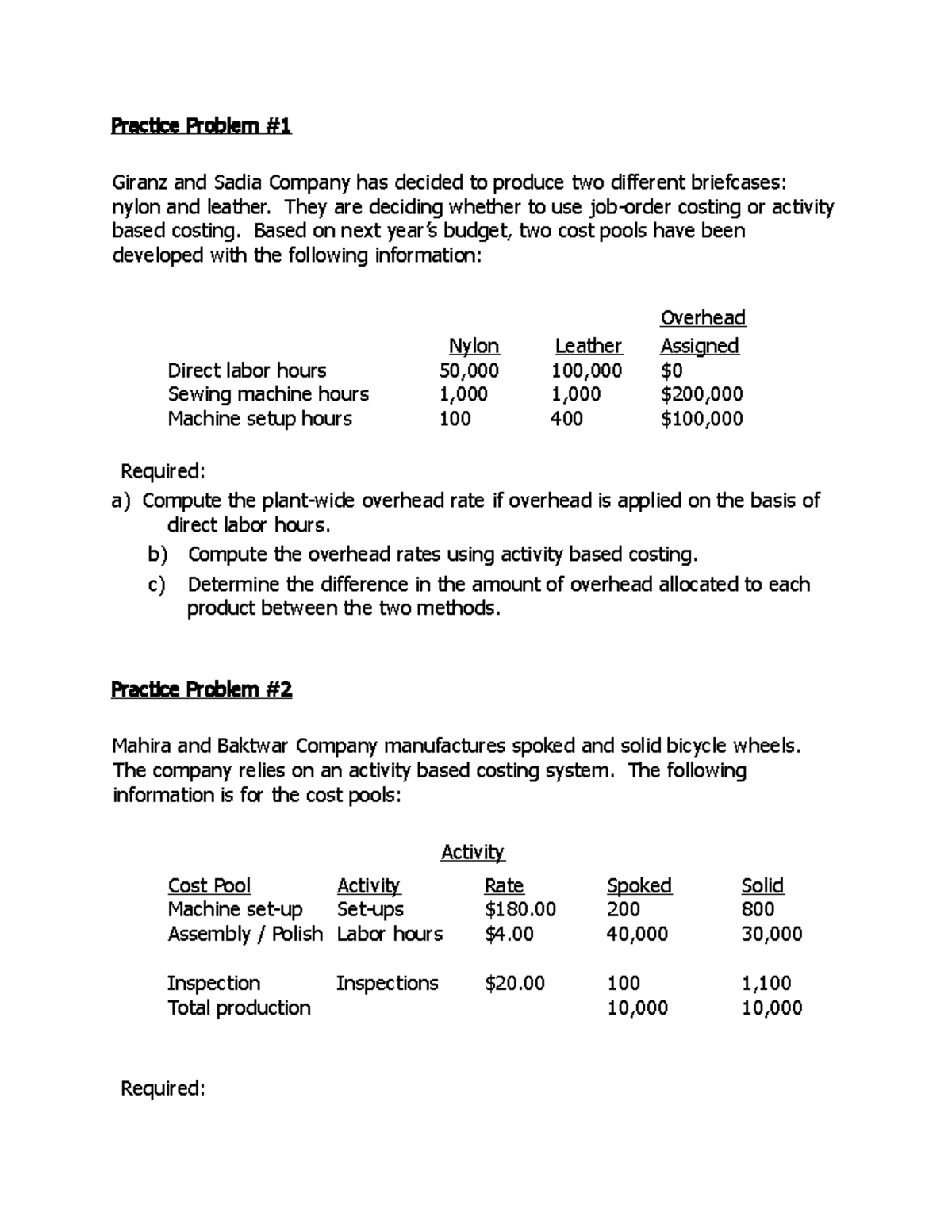ABC Assignment - Activity Based Costing Practice Problems - Studocu