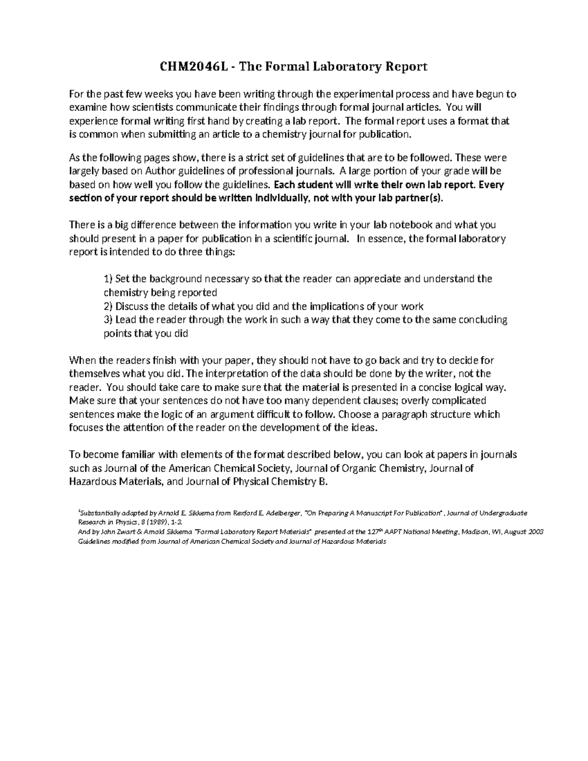 CHM2046L Guidelines for Writing a Formal Lab Report - Studocu