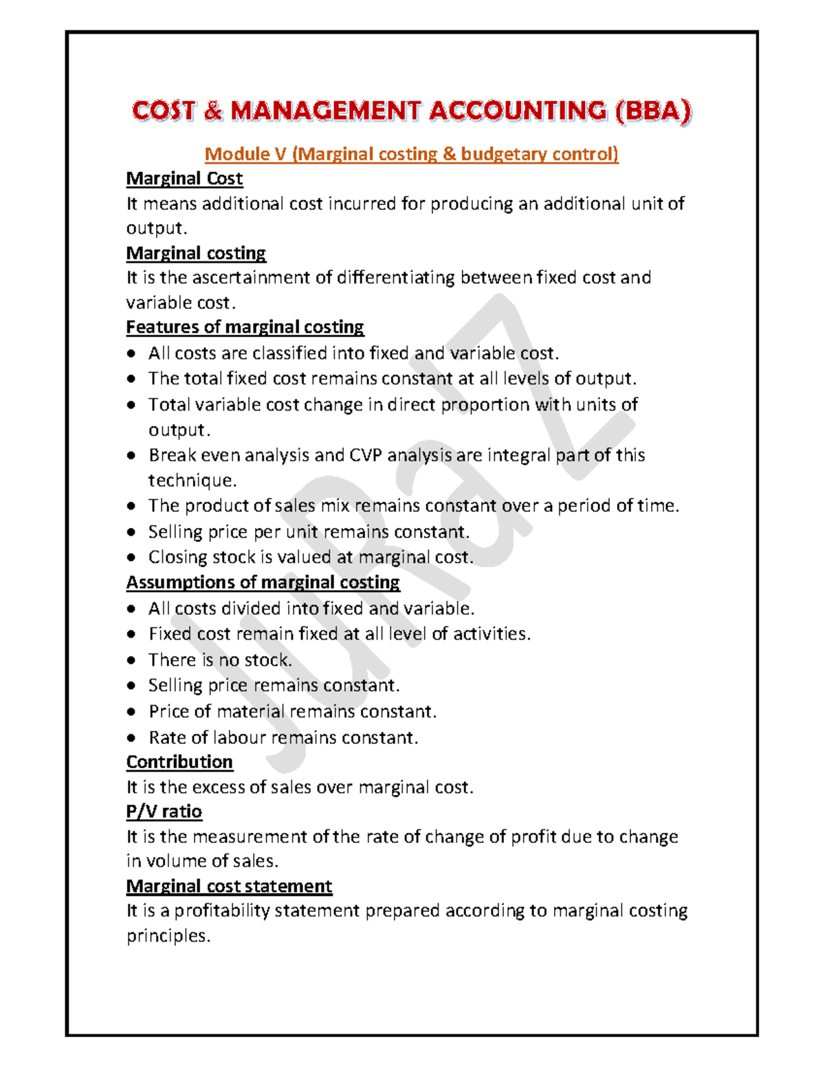 Cost & Management Accounting - BBA - Module V: Marginal Costing ...