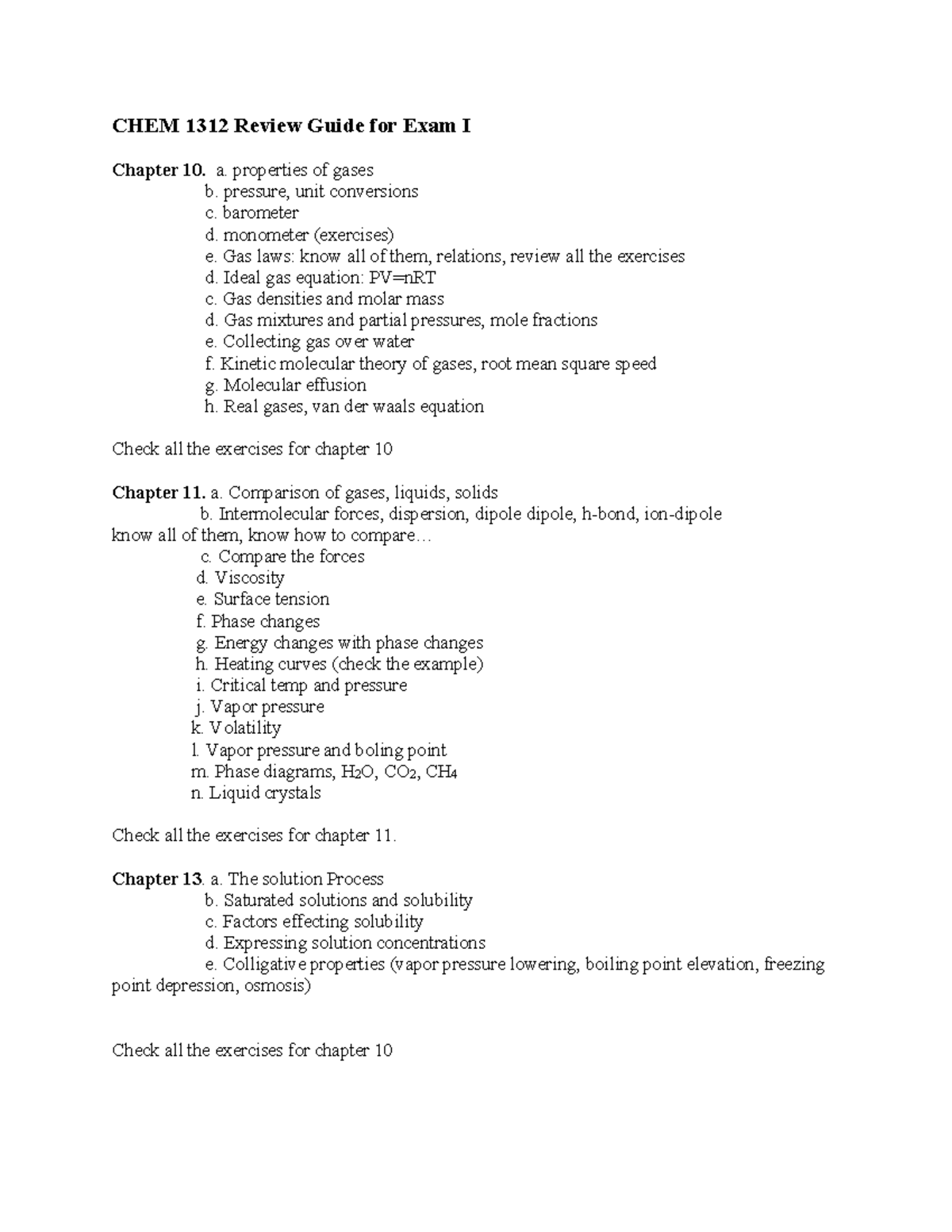 CHEM 1312 Review Guide for Exam I: Gases, Liquids & Solutions - Studocu