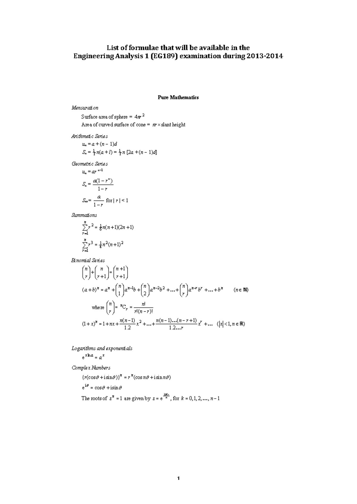 Engineering Analysis 2 (Maths) Equation Sheet - List of formulae that ...