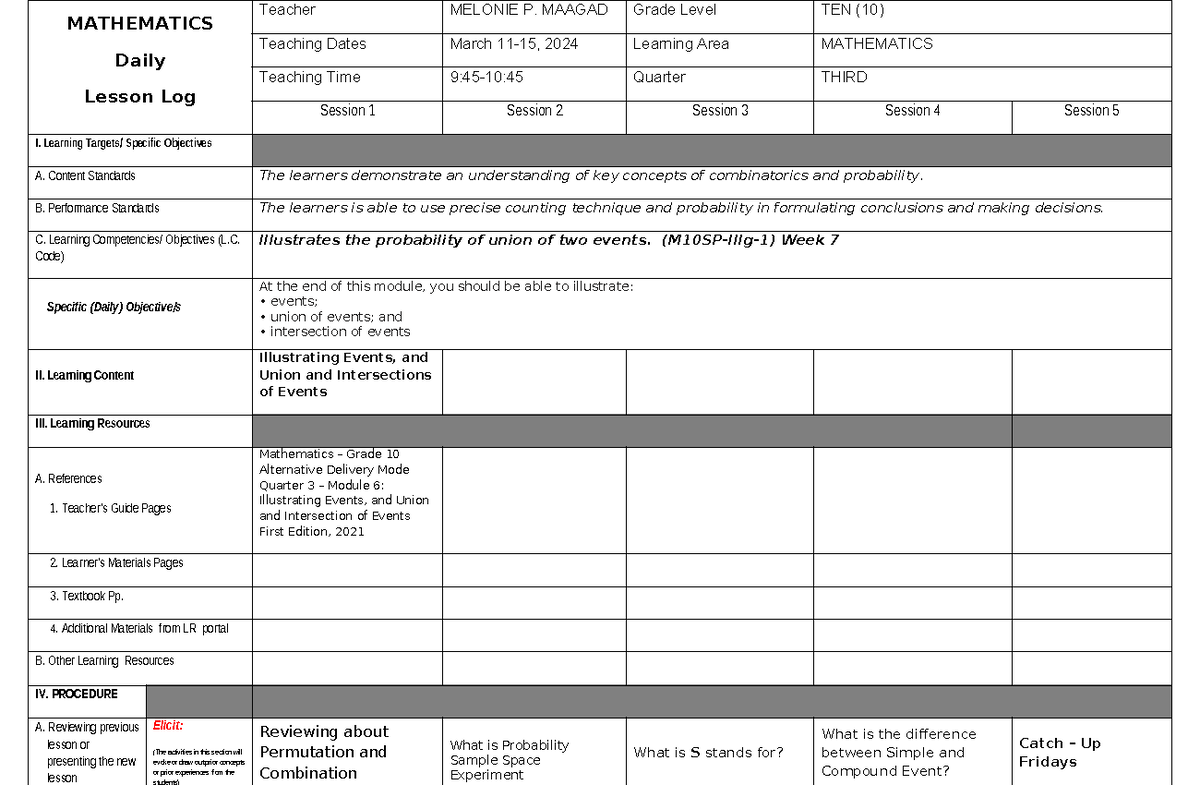 MATH10DLL Q3W6 - DLL math 10 - MATHEMATICS Daily Lesson Log Teacher ...