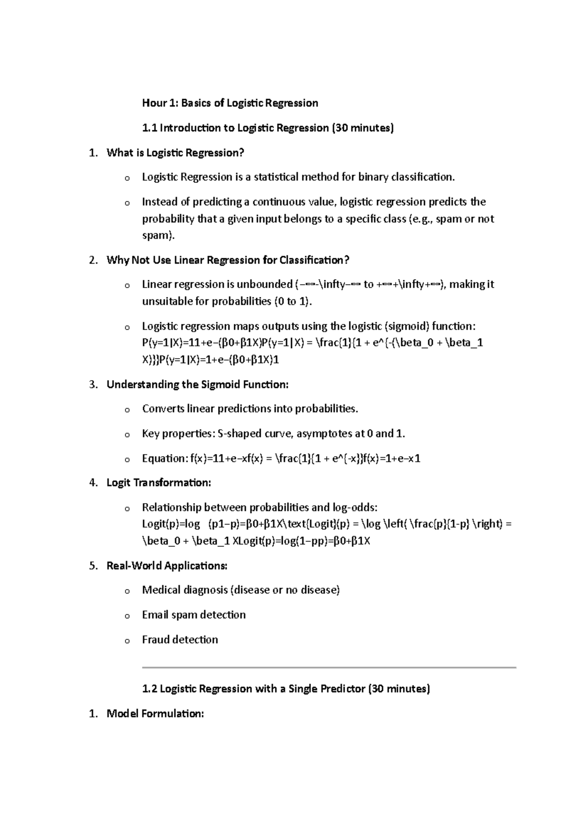 Logistic Regression - good notes - Hour 1: Basics of Logistic ...