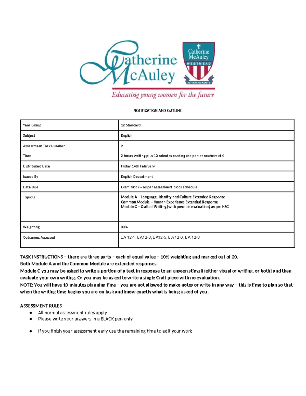 Task 2 Standard Notice 2025 - NOTIFICATION AND OUTLINE Year Group 12 ...