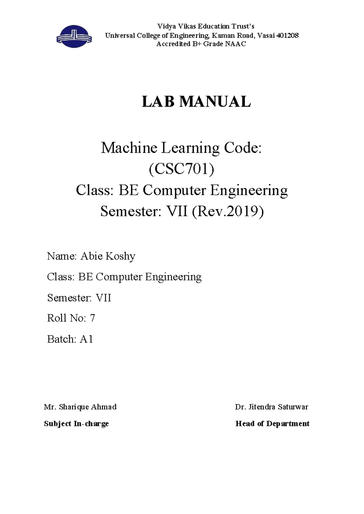 Machine Learning Laboratory Manual (CSC701) - BE Computer Engineering ...