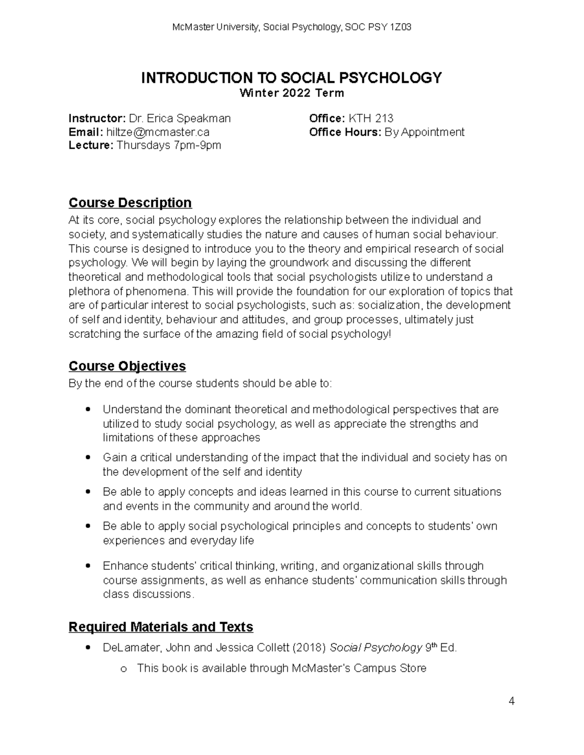SOC PSY 1Z03 Winter 2022 Course Outline - INTRODUCTION TO SOCIAL ...