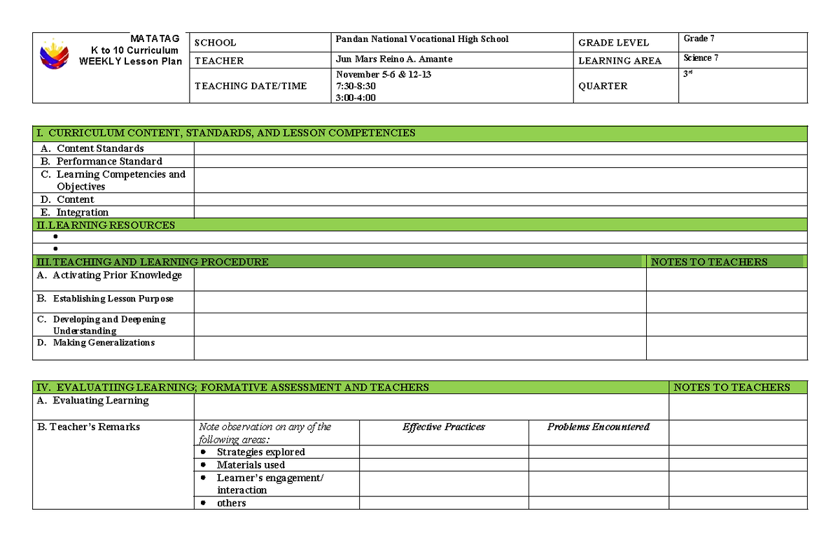 Q4 Science 7 Weekly Lesson Plan - Matatag Curriculum - Studocu