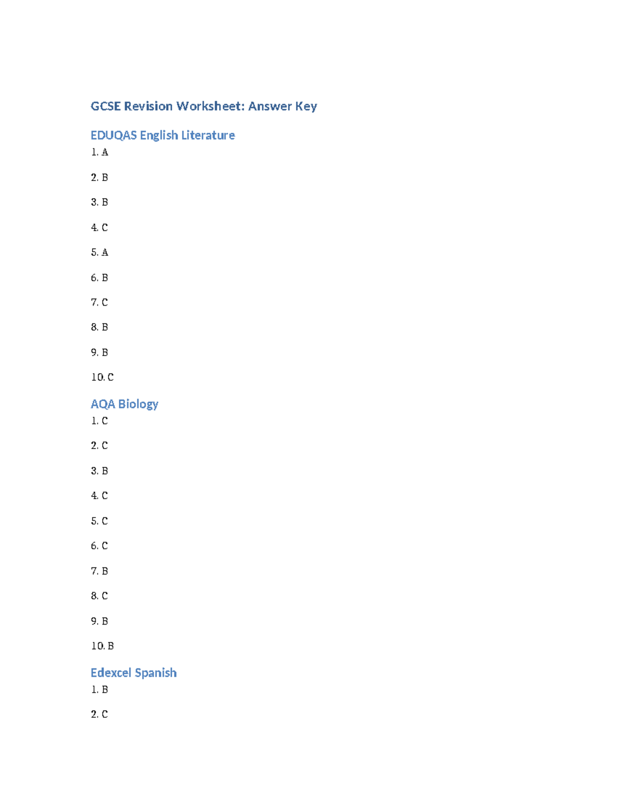 GCSE Revision Multiple Choice Answers: EDUQAS, AQA, Edexcel, OCR - Studocu