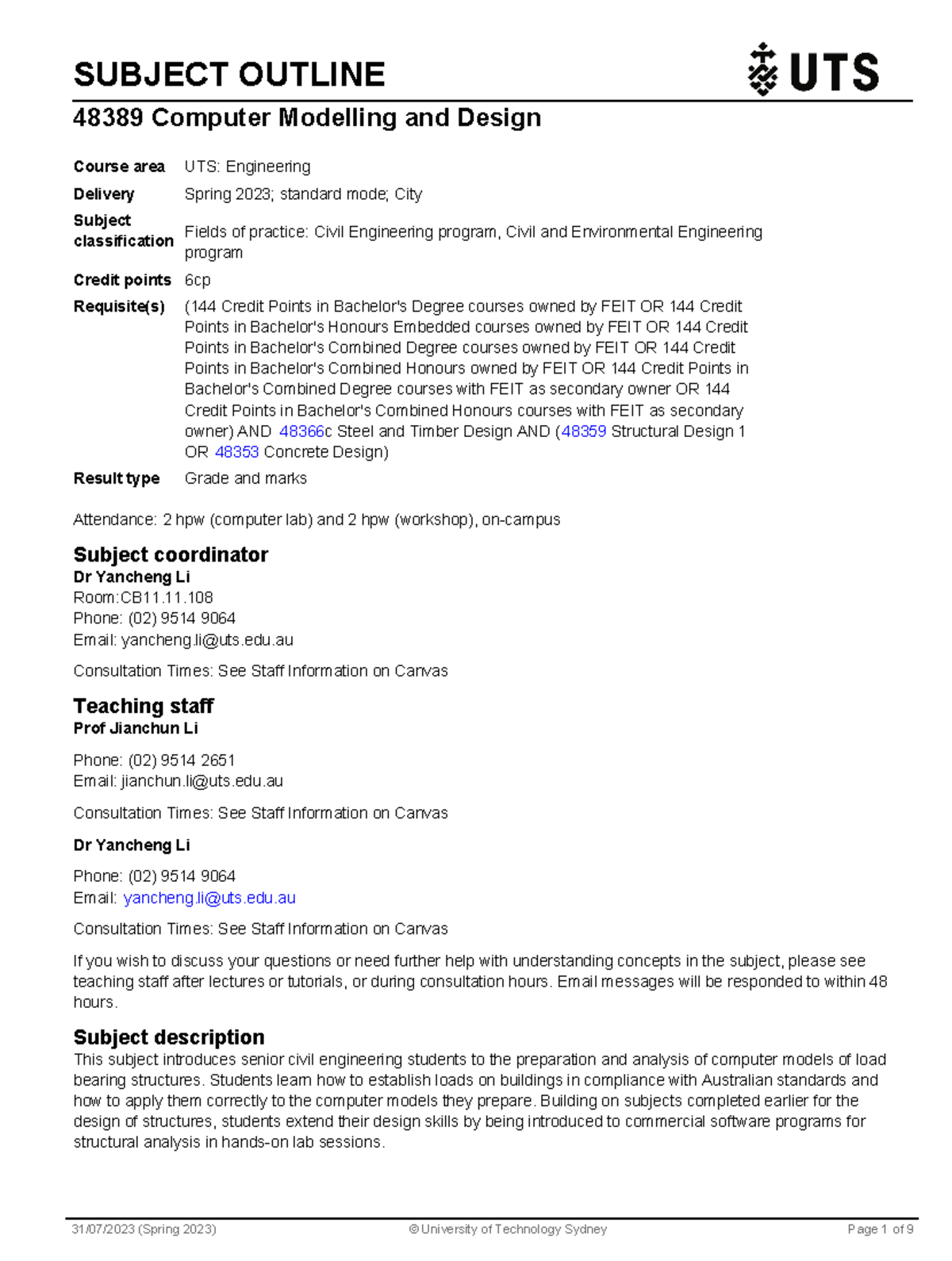 Subject Outline for 48389 Computer Modelling & Design - Spring 2023 ...