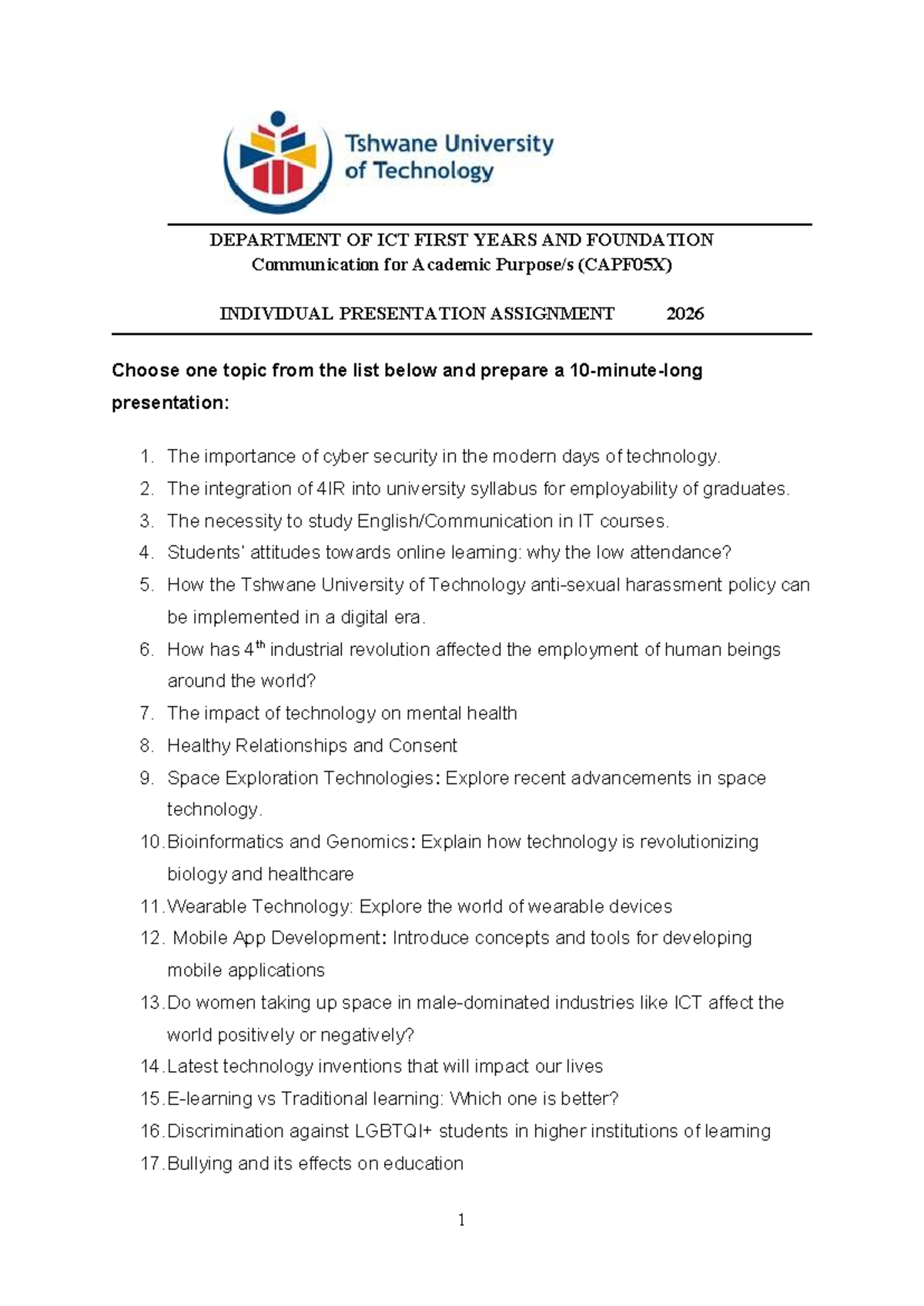 CAPF05X Individual Presentation Topics & Guidelines (2026) - Studocu
