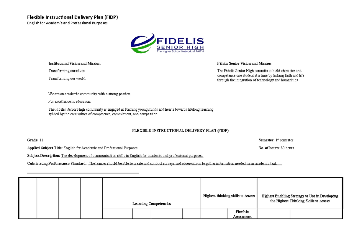 Flexible Instructional Delivery Plan (FIDP) for EAPP Grade 11 - 1st ...