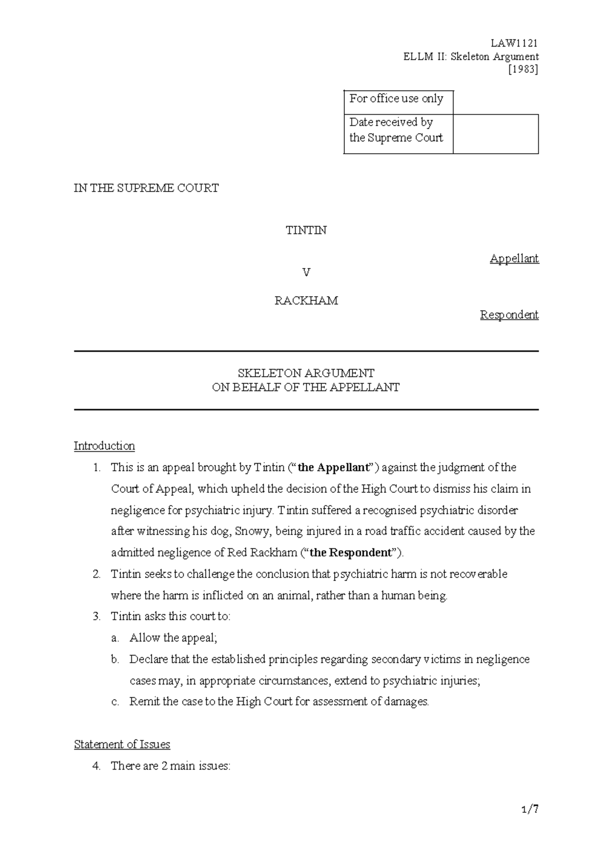 LAW1121 ELLM II: Skeleton Argument on Psychiatric Injury Claims - Studocu
