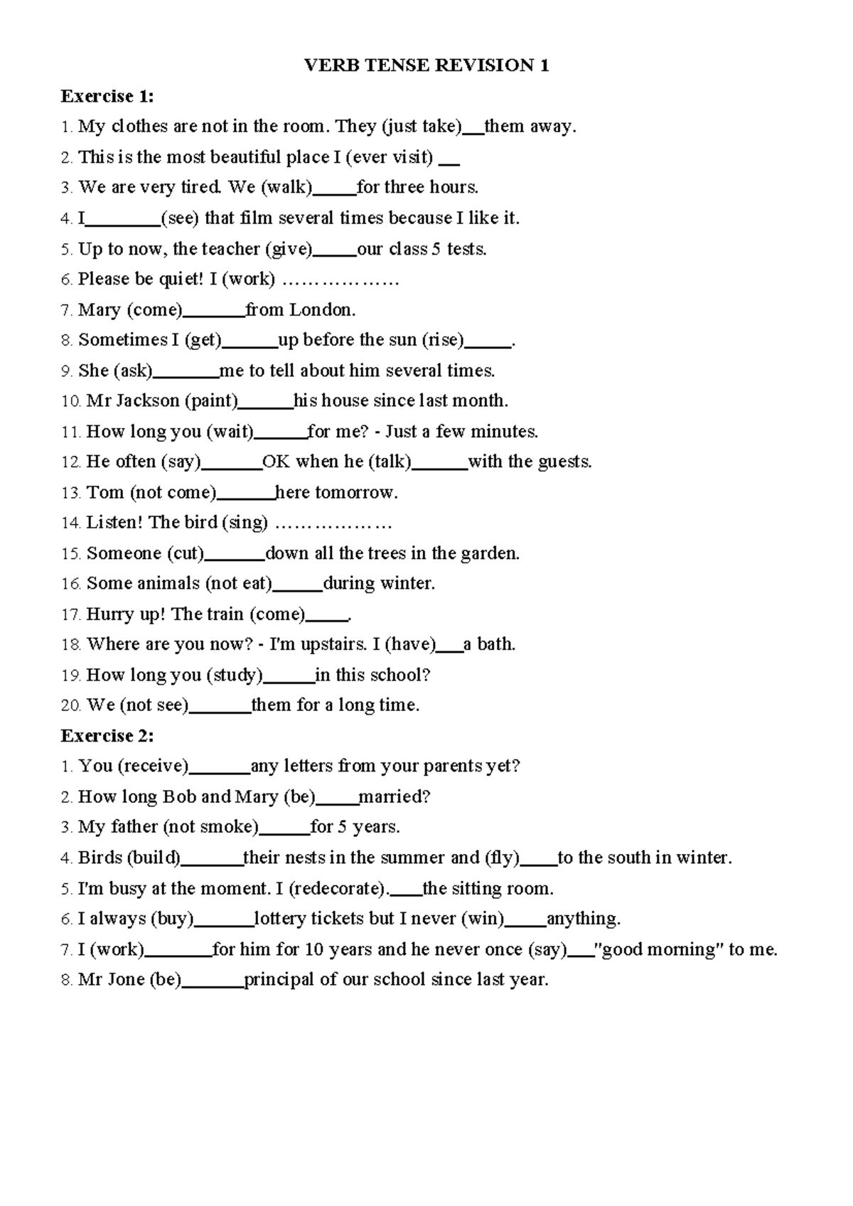 Verb Tense Revision Exercises and Answers (ENG 101) - Studocu
