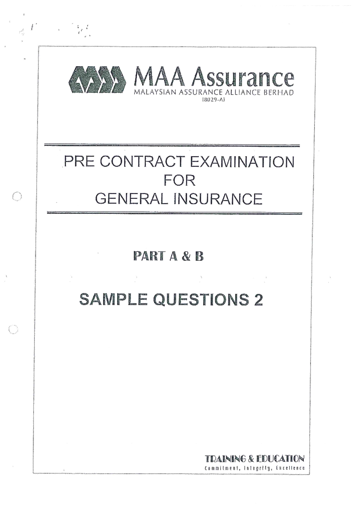 MAA Assurance General Insurance Pre-Contract Exam Sample Qs - Part A ...