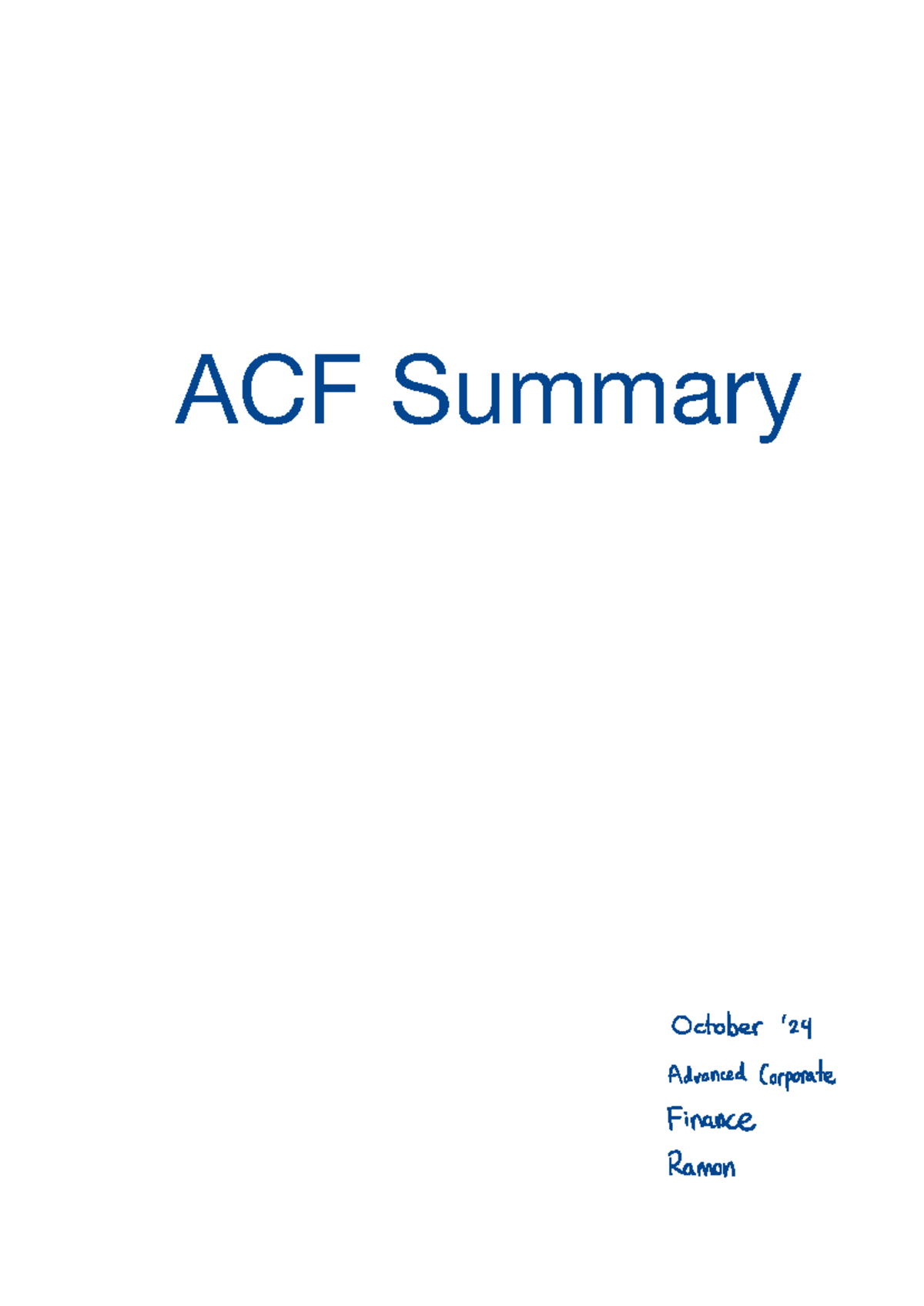 Advanced Corporate Finance (ACF) Summary: Short & Long-Term Insights - Document Preview