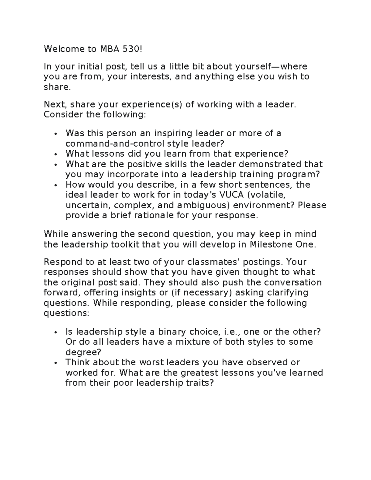 Discussion 1-2: Leadership Insights in MBA 530 - Personal Experiences ...