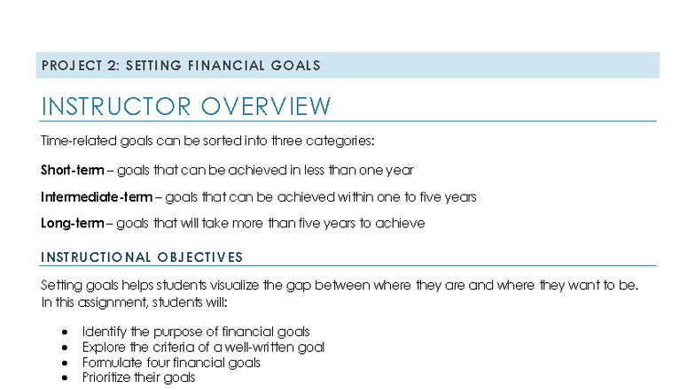 PROJECT 2: SETTING FINANCIAL GOALS OVERVIEW AND INSTRUCTIONS - Studocu