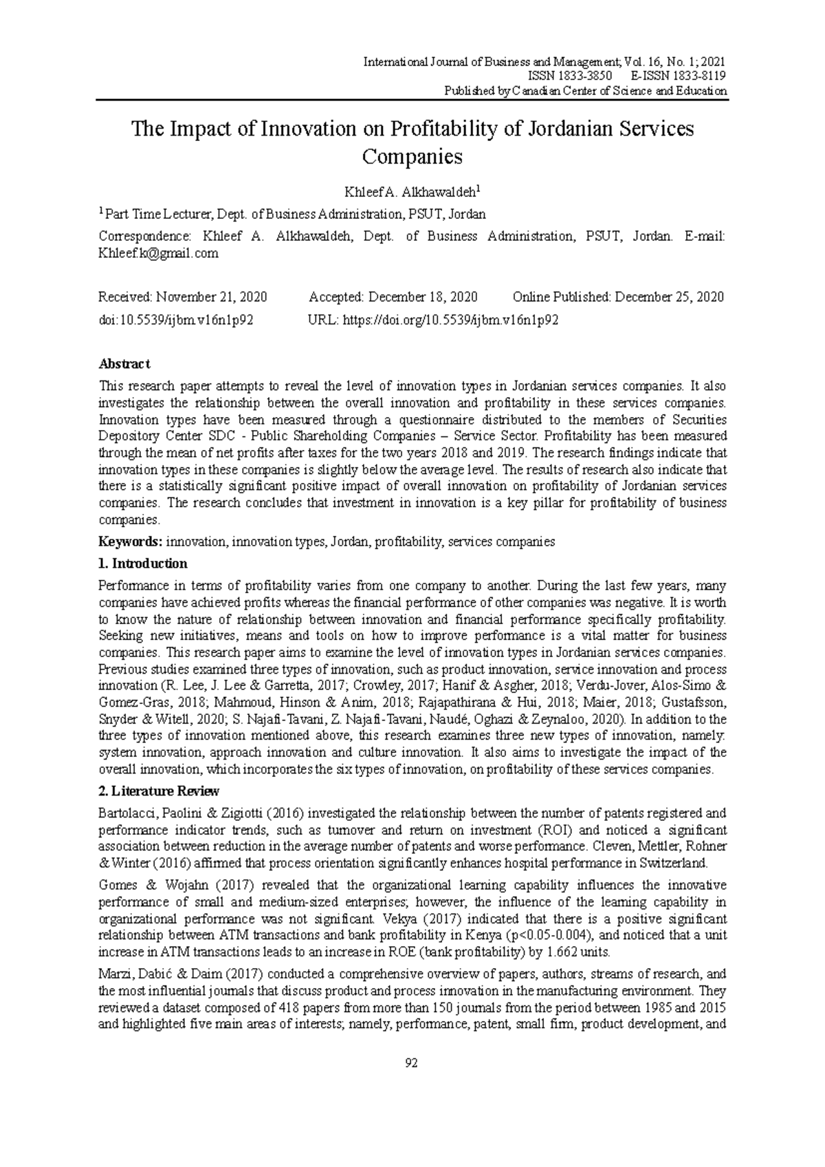 The Impact of Innovation on Profitability in Jordanian Services ...