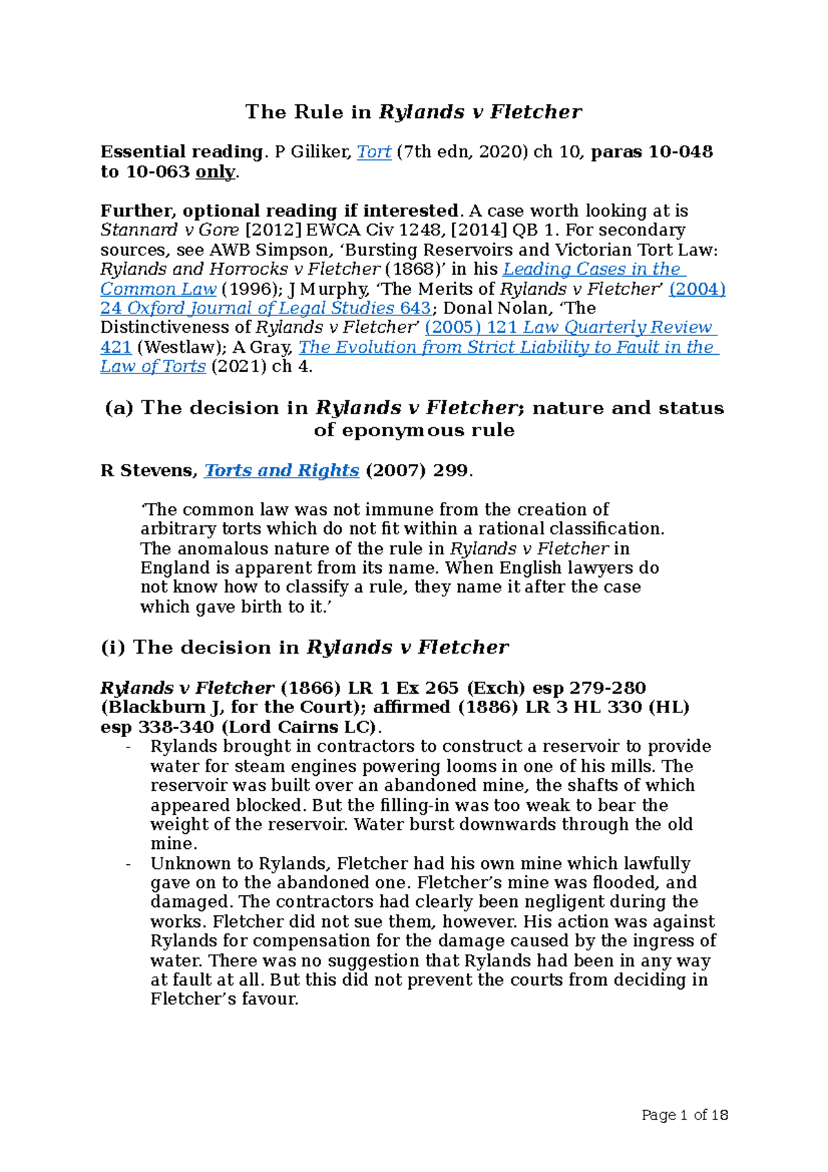 TORT 401: Lecture Notes on Rylands v Fletcher and Its Implications ...