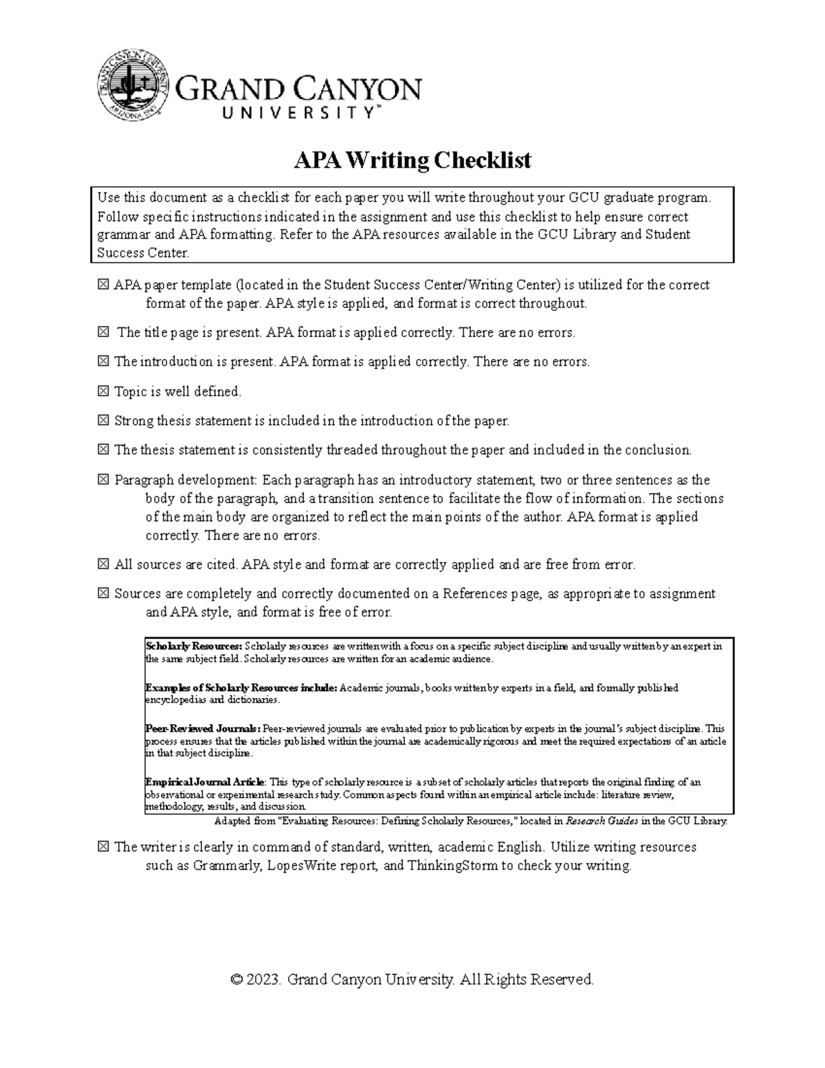 MSN-APA Writing Checklist for GCU Graduate Program Papers - Studocu
