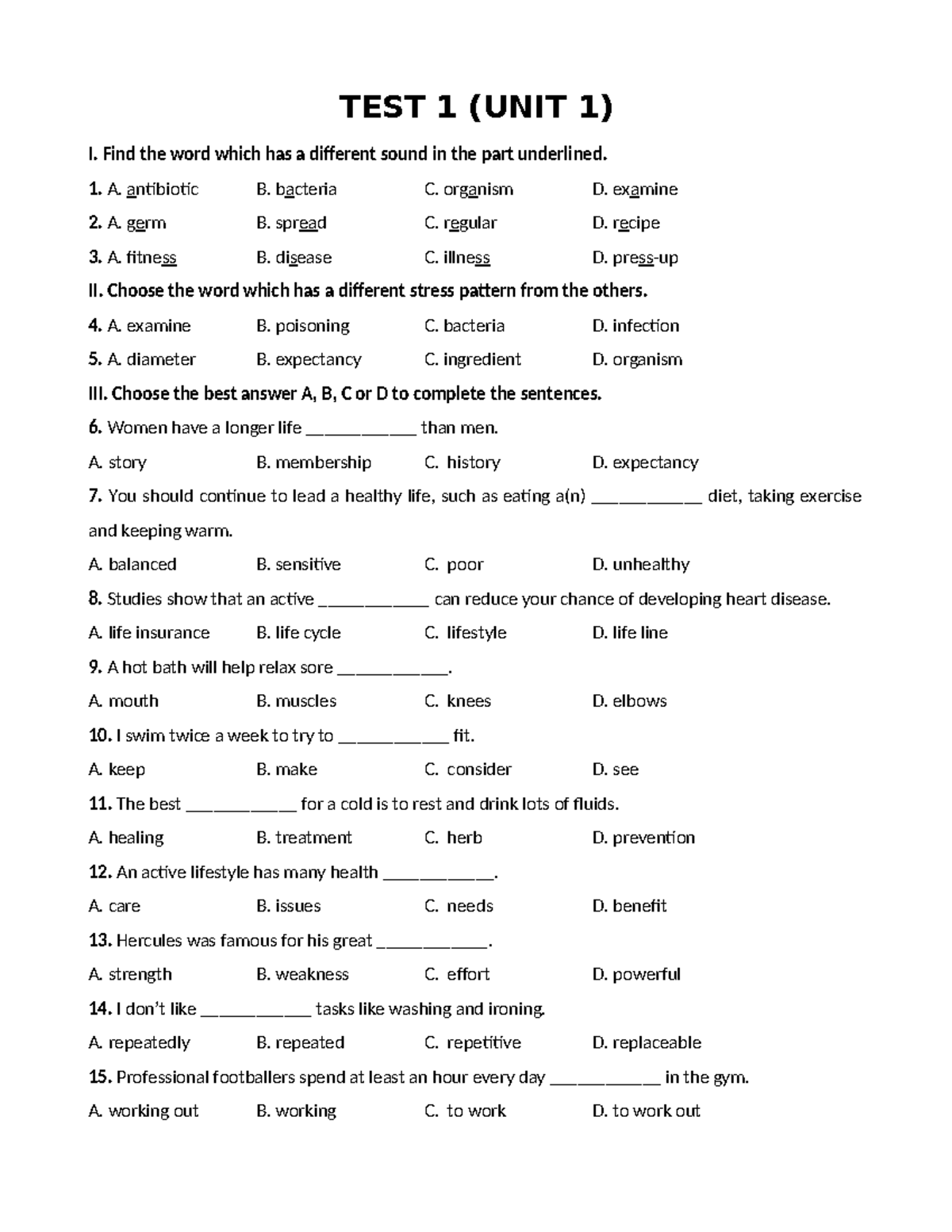 TEST 1 (UNIT 1) - Vocabulary, Listening, and Grammar Exercises - Studocu