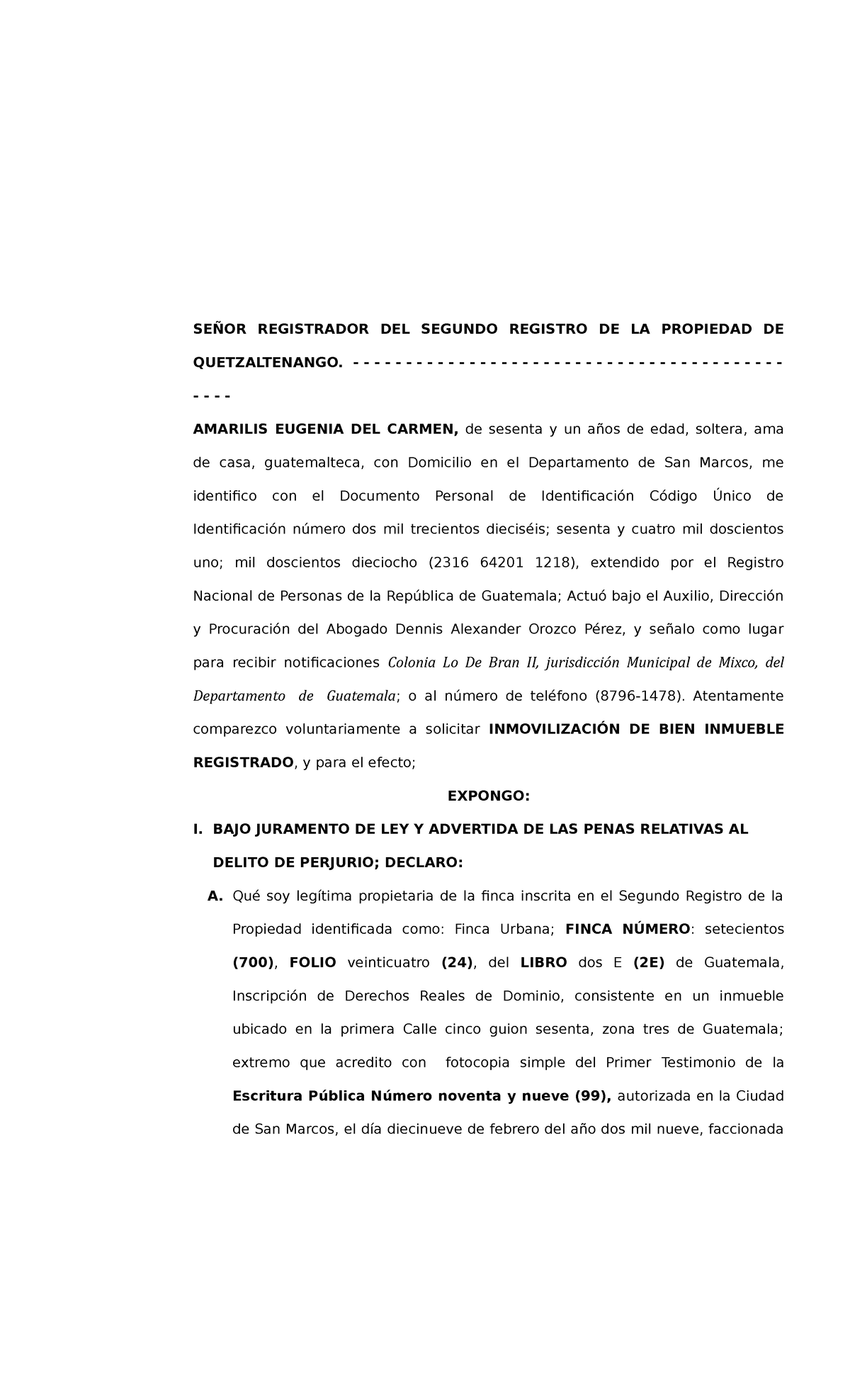 Solicitud de Inmovilización de Bienes Registrados - Finca 700, Folio 24 - Document Preview