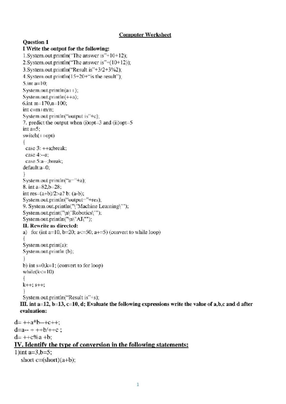 Computer Worksheet Q1: Java Output Predictions & Conversions - Studocu