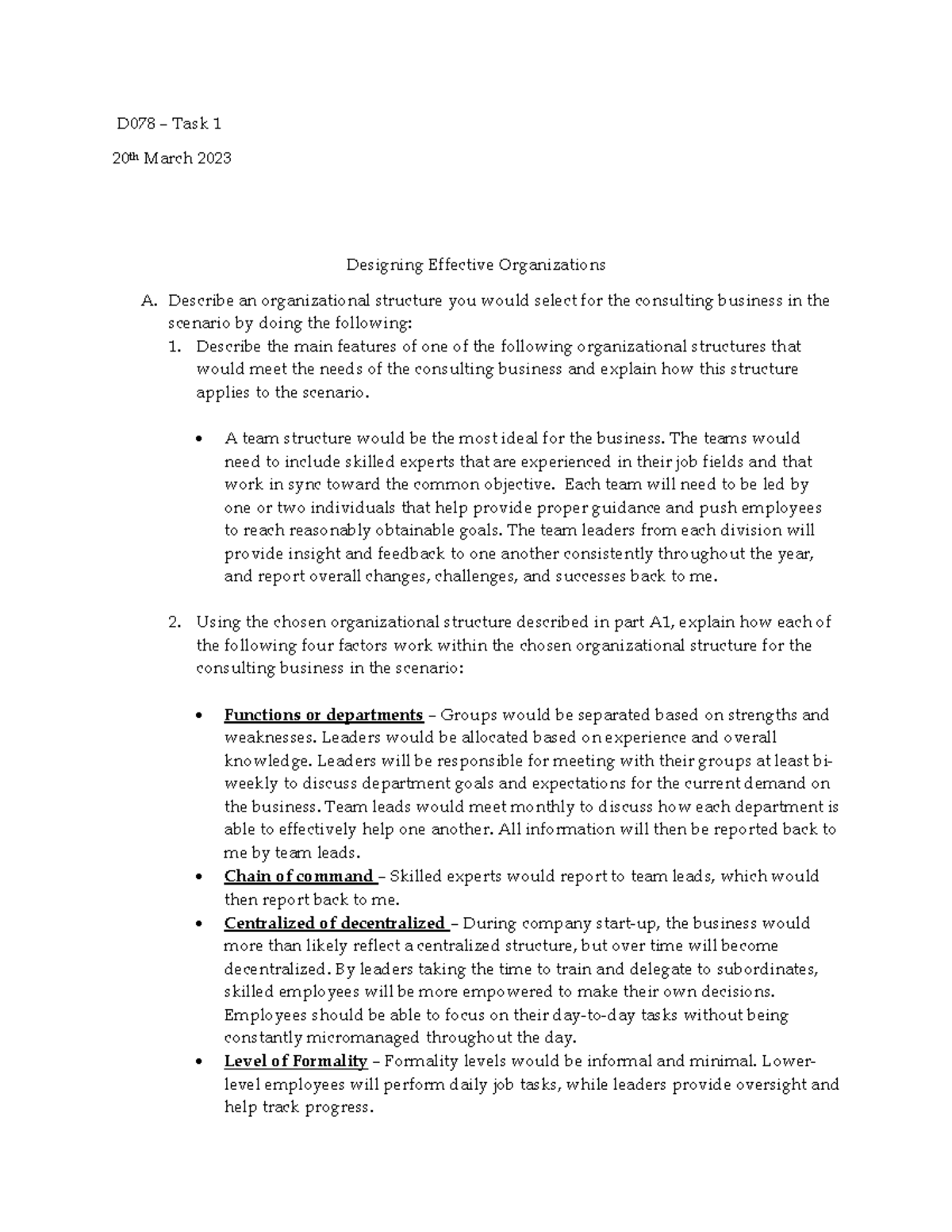 D078 Task 1 - Passed first try - D078 – Task 1 20 th March 2023 ...