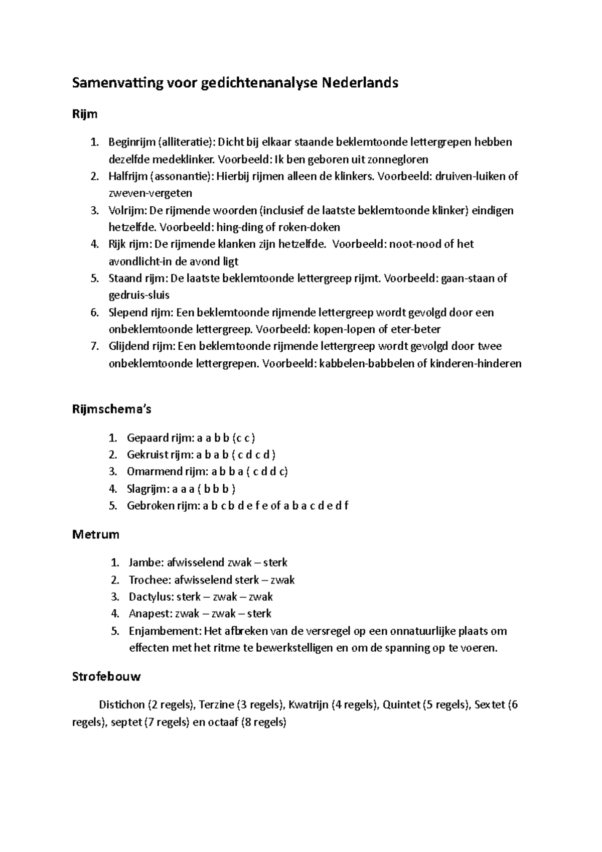 Samenvatting Gedichtenanalyse Nederlands - Rijm, Metrum & Beeldspraak ...