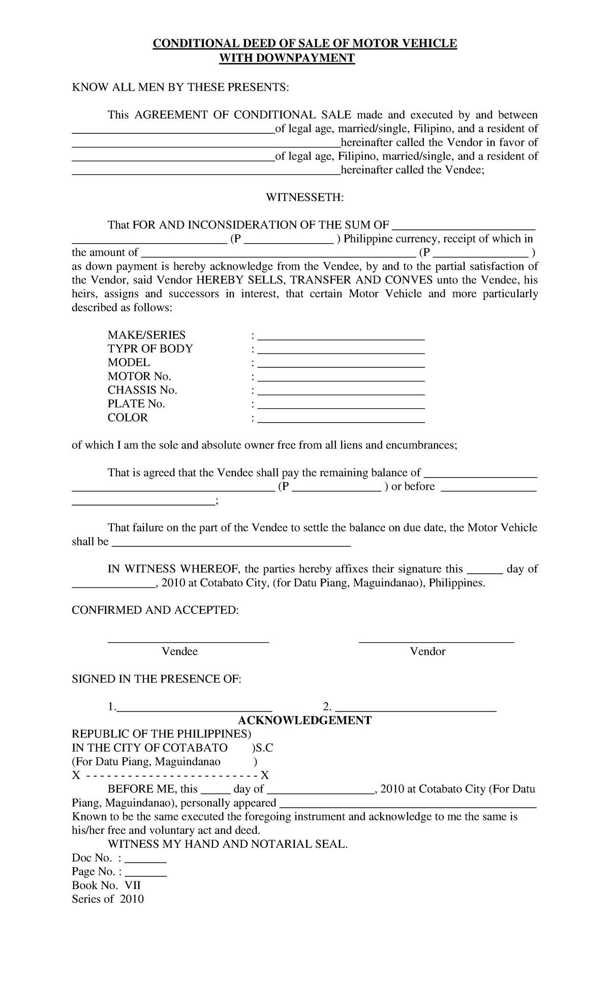 Conditional Deed of Sale for Motor Vehicle with Downpayment - Studocu