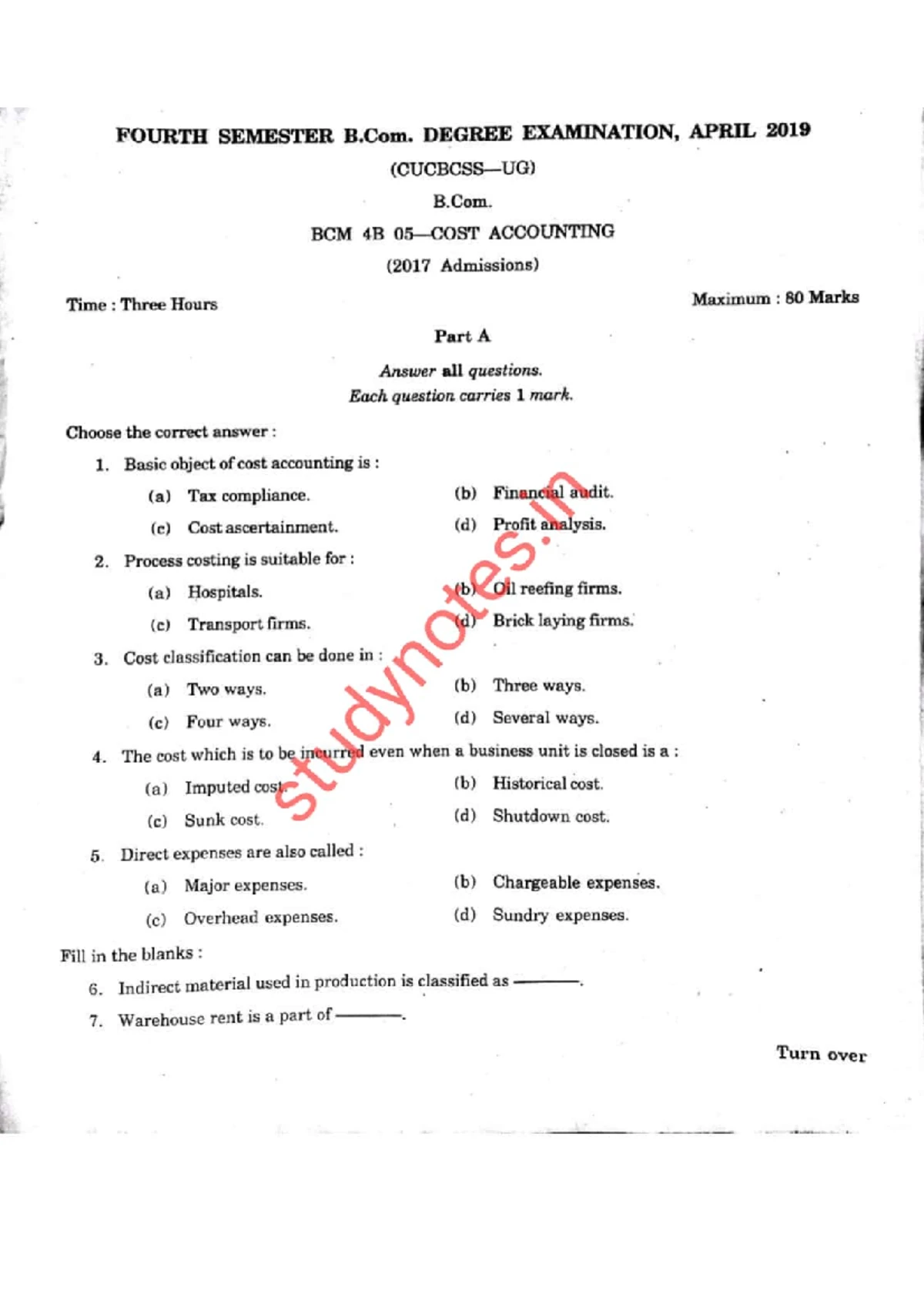B.Com. BCM 4B Cost Accounting Final Exam Question Paper April 2020 ...