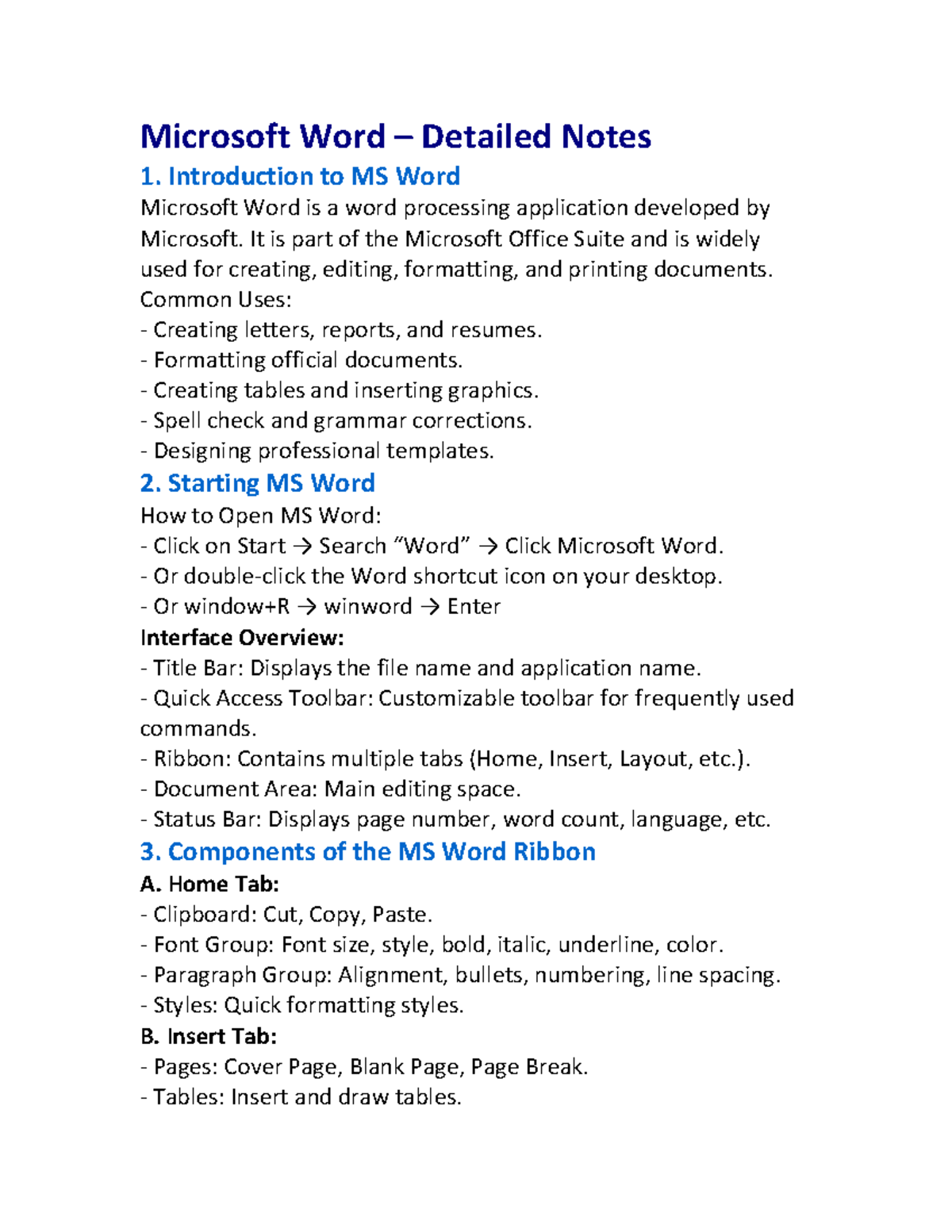 MS Word Detailed Notes: Intro, Features & Ribbon Overview - Studocu