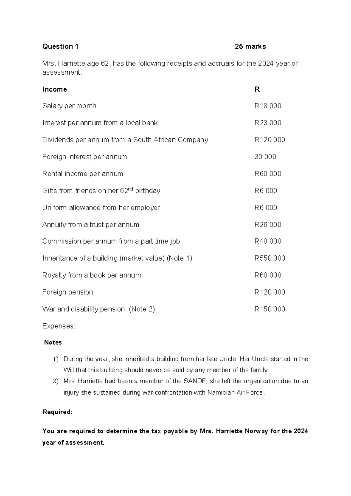 Taxation Practice: Mrs. Harriette's 2024 Assessment Case Study - Studocu