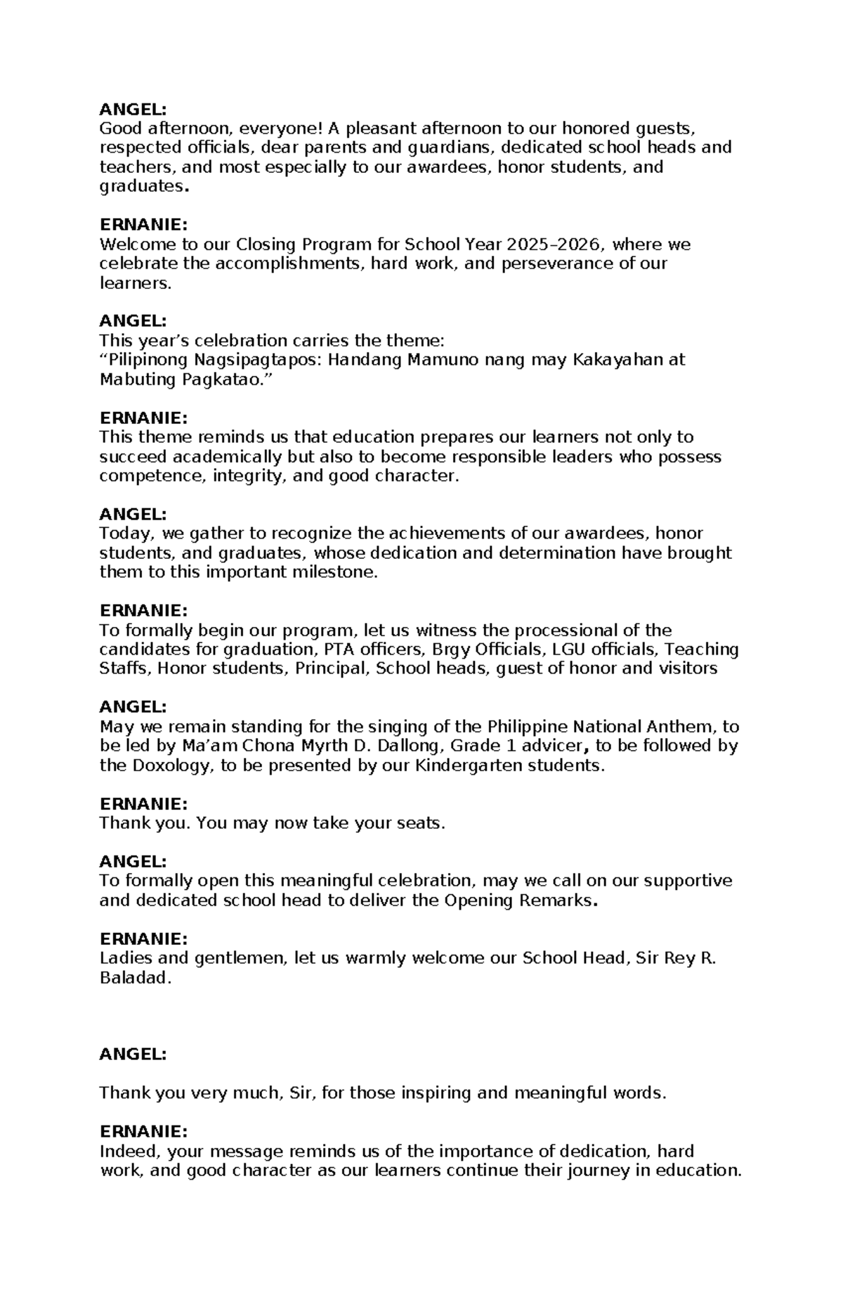 Hawak KO ANG: Closing Program Script for SY 2023-2024 - Studocu